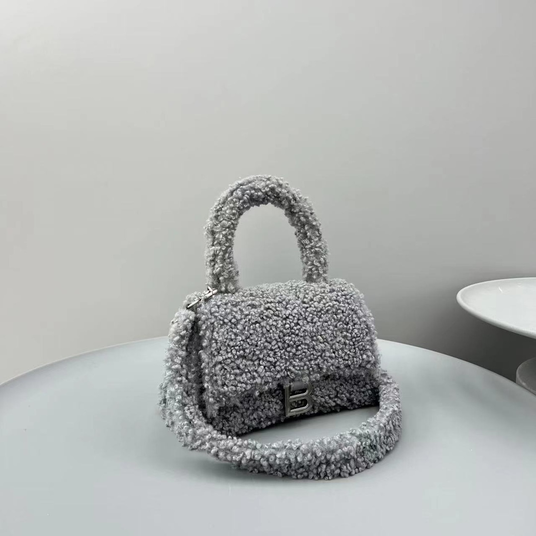 Ba1en*iaga Furry Hourglass Small Handbag Black/Grey/Pink For Women‎ 9.4in/23.8cm 676365210FU1000