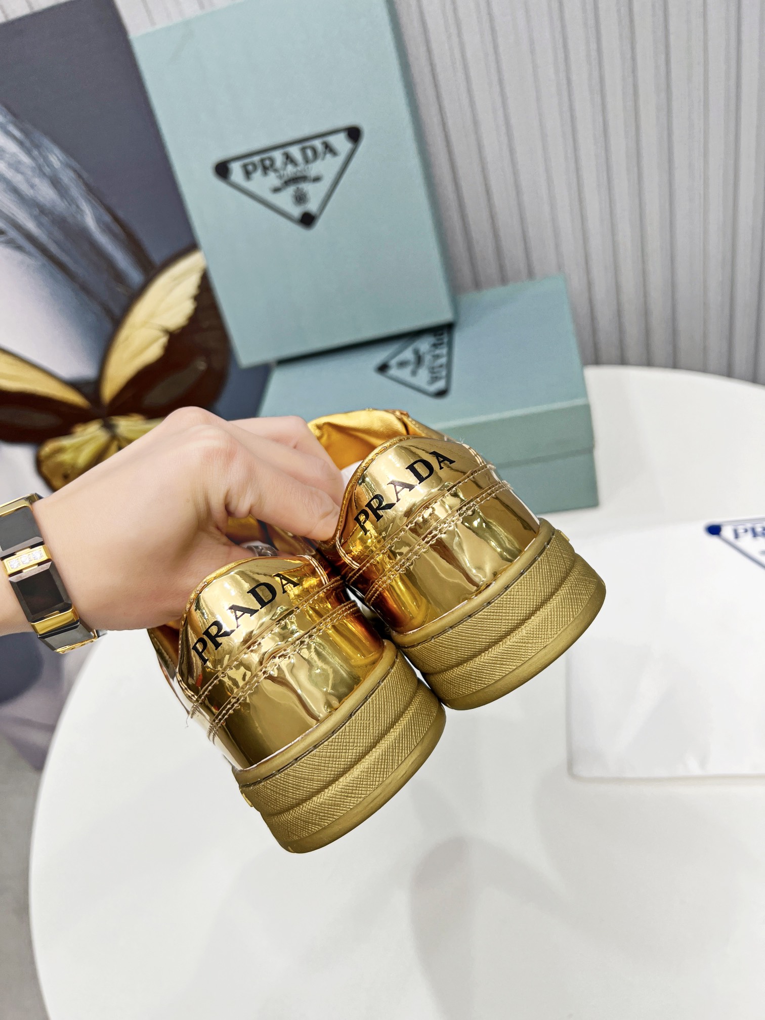 Pra*a Downtown Metallic Sneakers Gold Tone For Women 1.2 in/ 3 cm 1E792M_3AU1_F0522_F_030