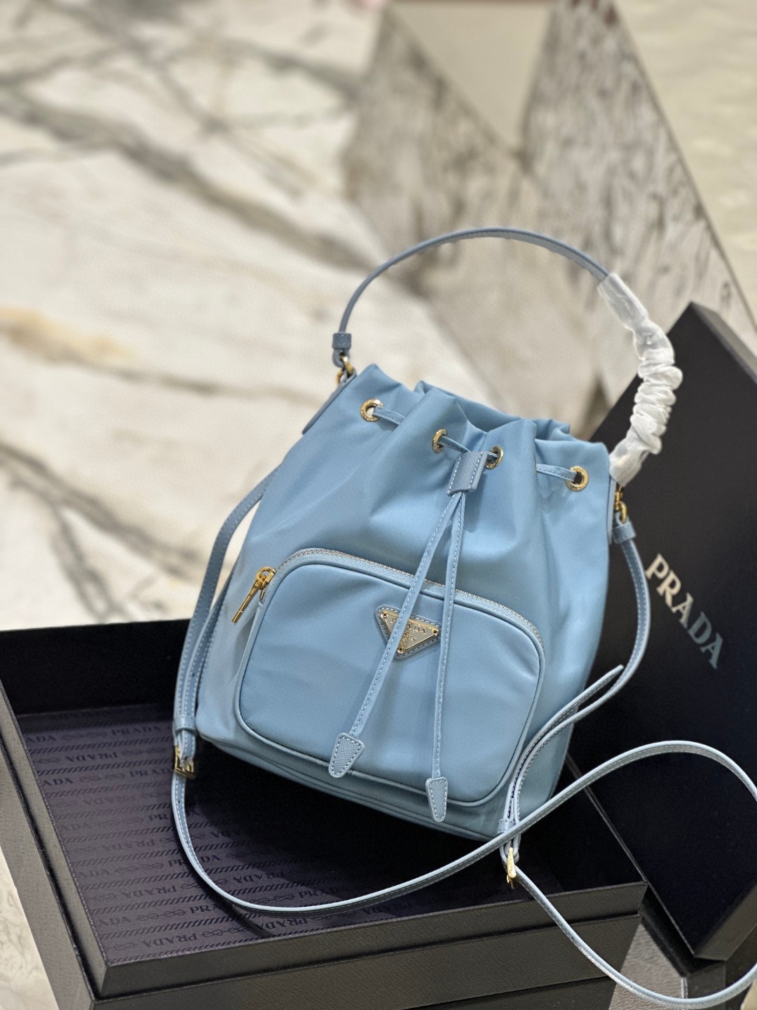 Pra*a Duet Bucket Shoulder Bag Black/Blue For Women 8.6 in / 22.5 cm 1BH038_RV44_F0002_V_UOO
