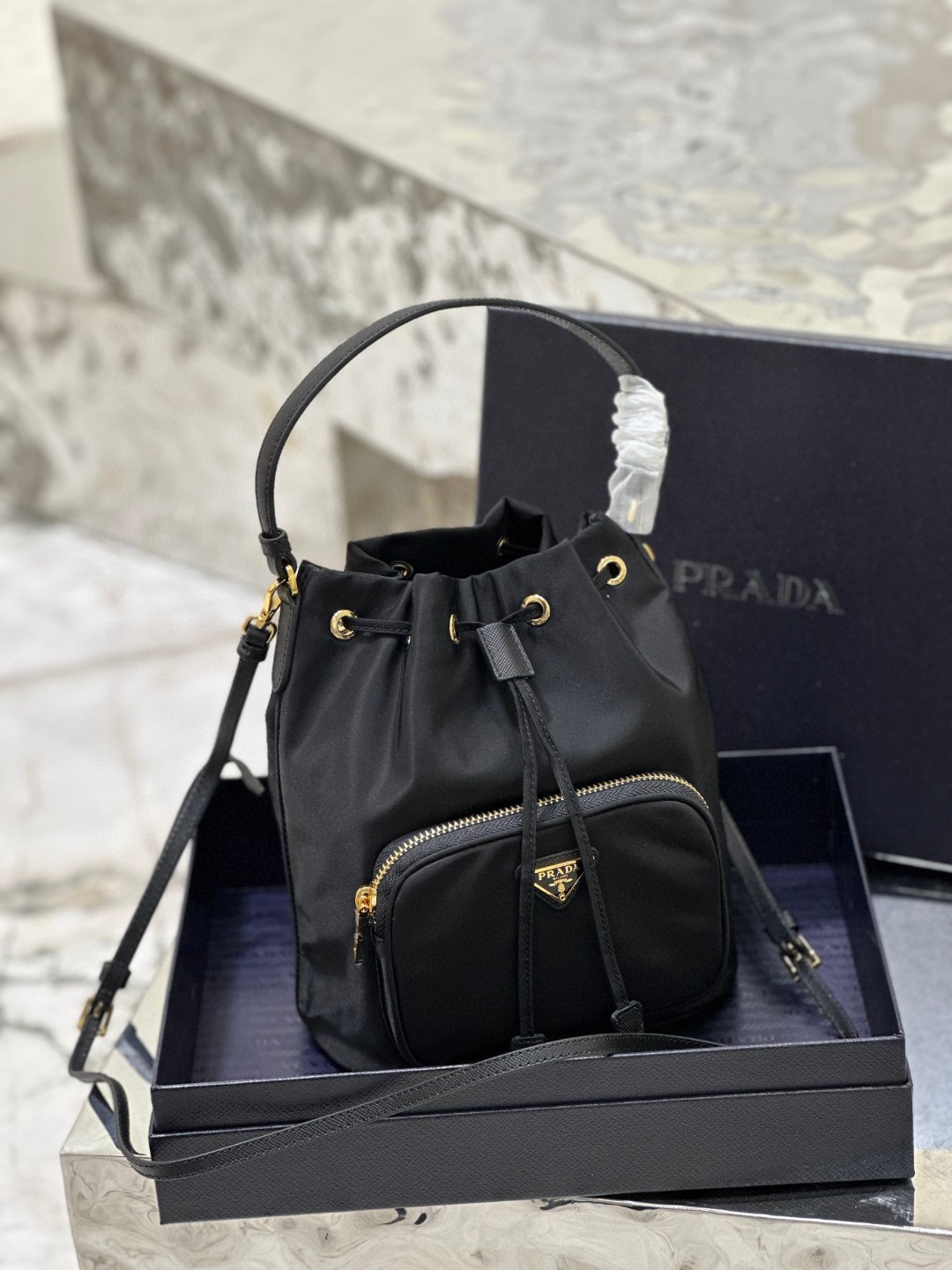Pra*a Duet Bucket Shoulder Bag Black/Blue For Women 8.6 in / 22.5 cm 1BH038_RV44_F0002_V_UOO