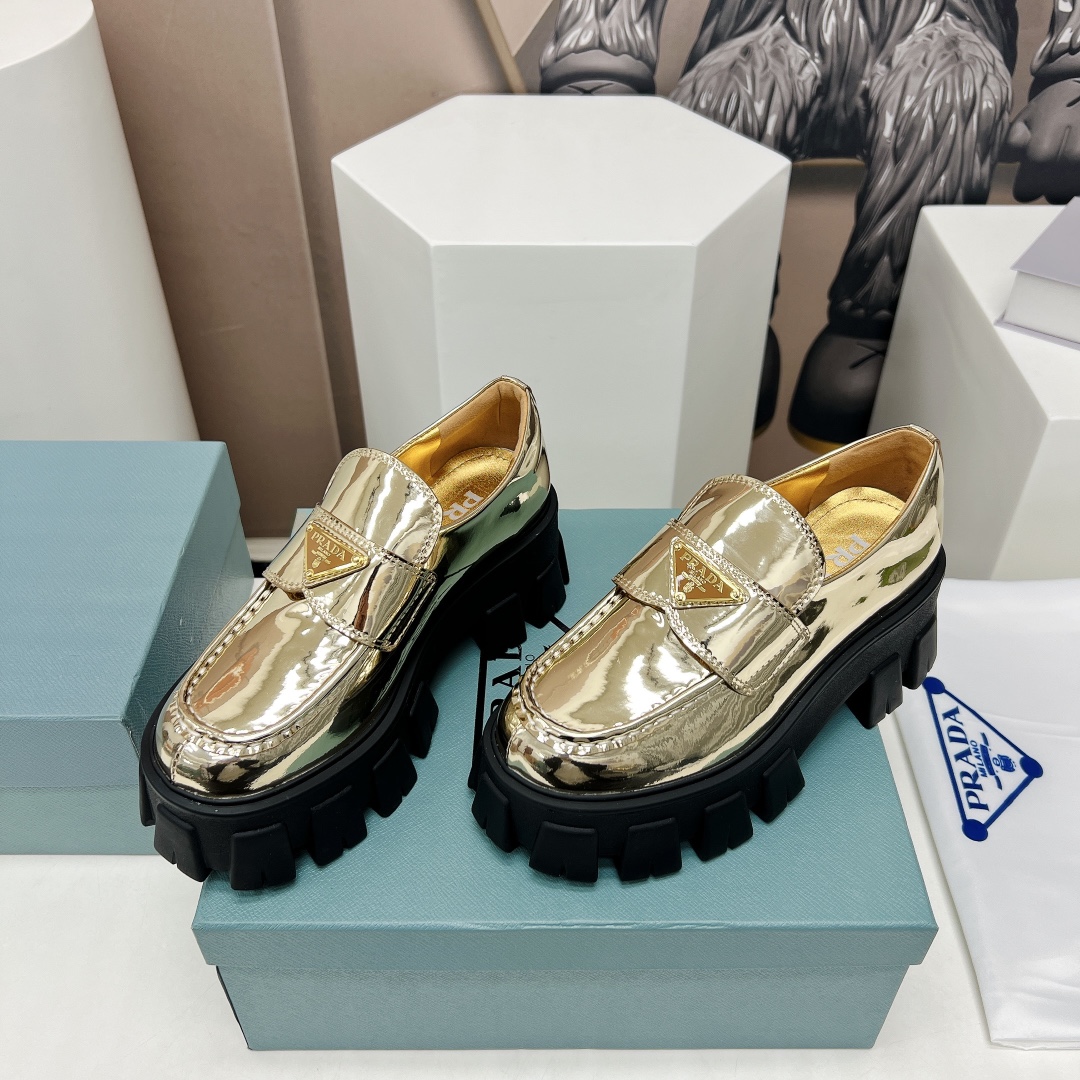 Pra*a Monolith Ombré Brushed Loafers Gold Tone For Women 2.1 in/ 5.5cm