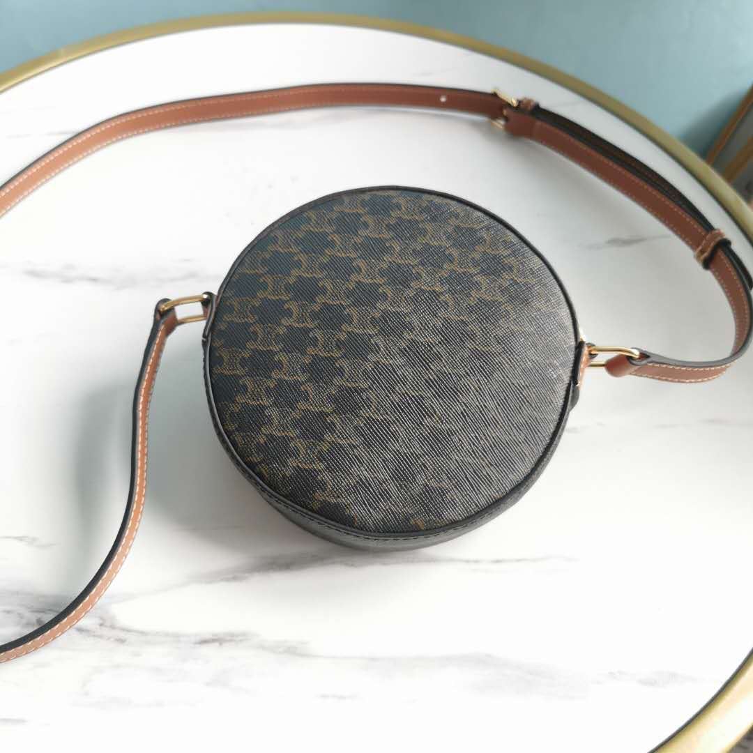 Ce1i*e Round Purse On Strap In Triomphe Canvas White/Brown For Women‎ 5in/13.5cm