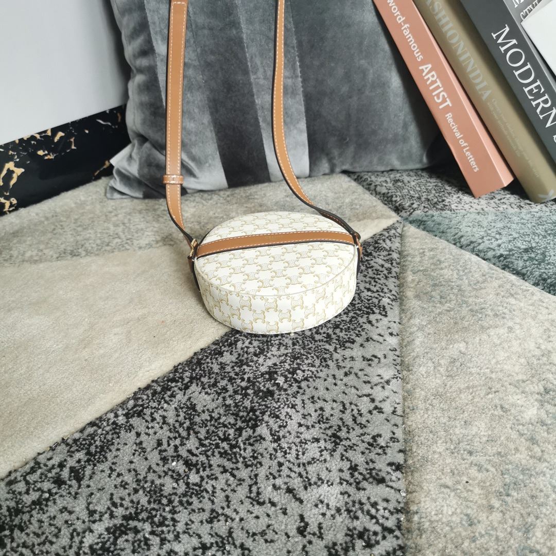 Ce1i*e Round Purse On Strap In Triomphe Canvas White/Brown For Women‎ 5in/13.5cm