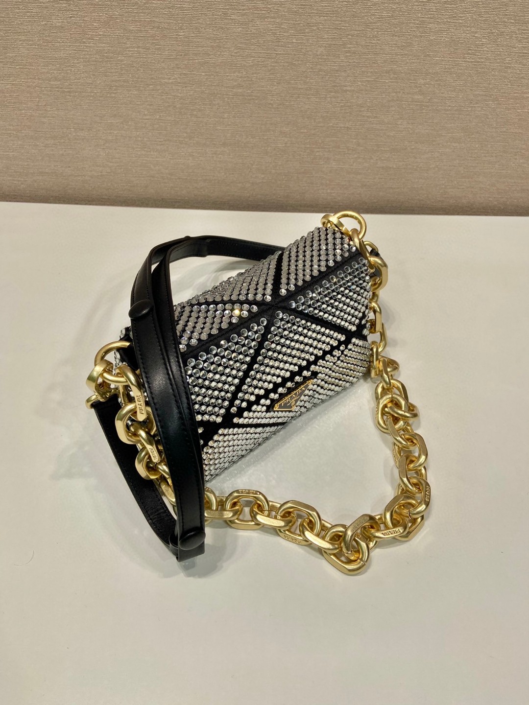 Pra*a Satin Mini-Bag With Crystals Black For Women 6.7 in / 17 cm 1BD329_2AWL_F0522_V_QOO