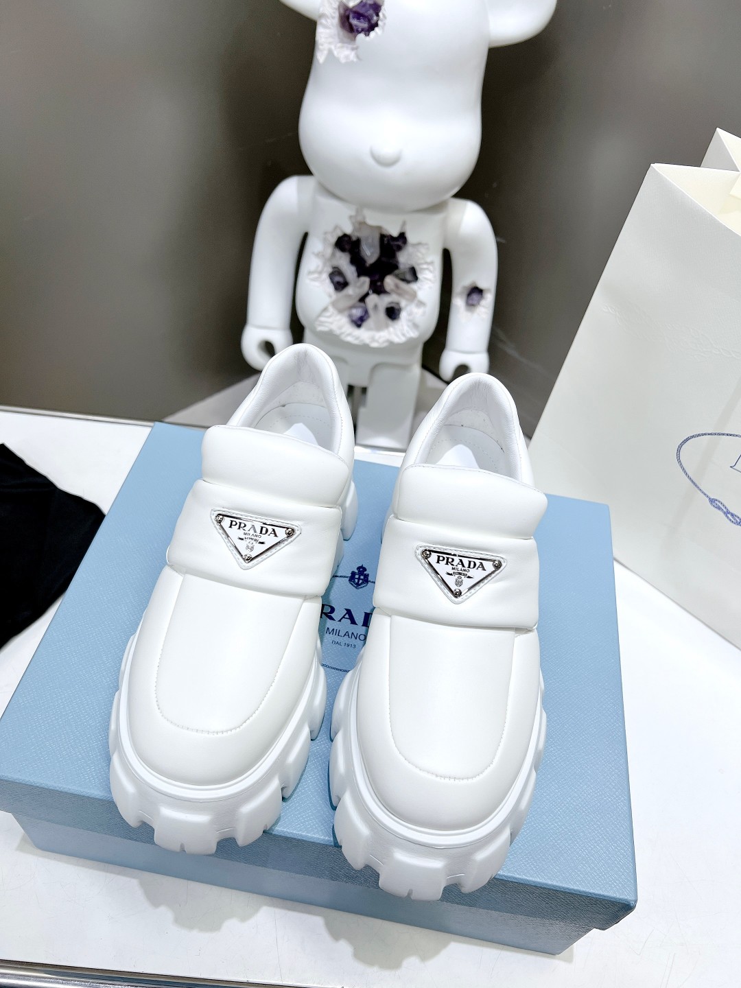 Pra*a Soft Padded Nappa Loafers White For Women 2.1 in/ 5.5 cm