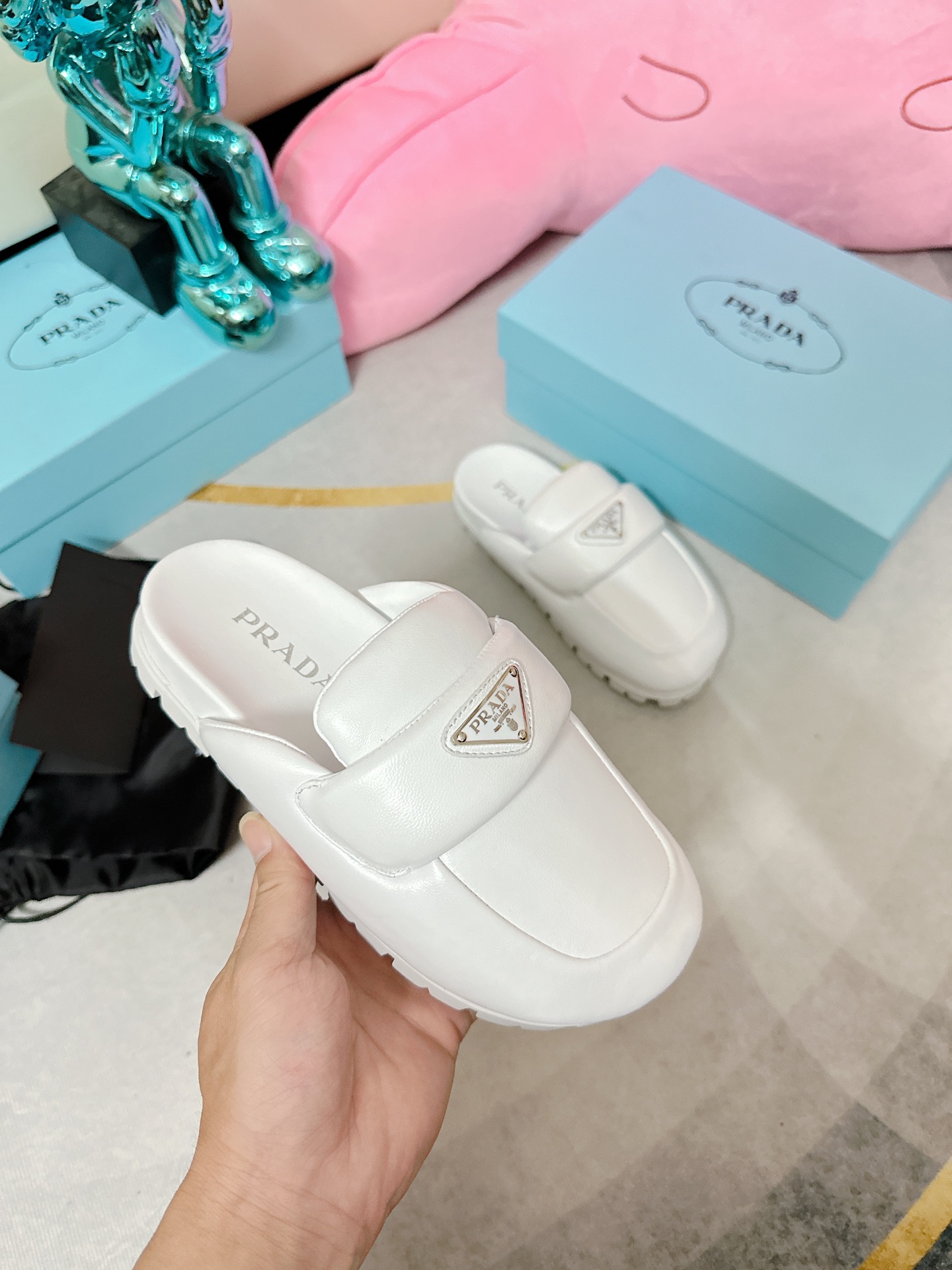 Pra*a Soft Padded Nappa Sabots White For Women 0.8 in/ 2cm