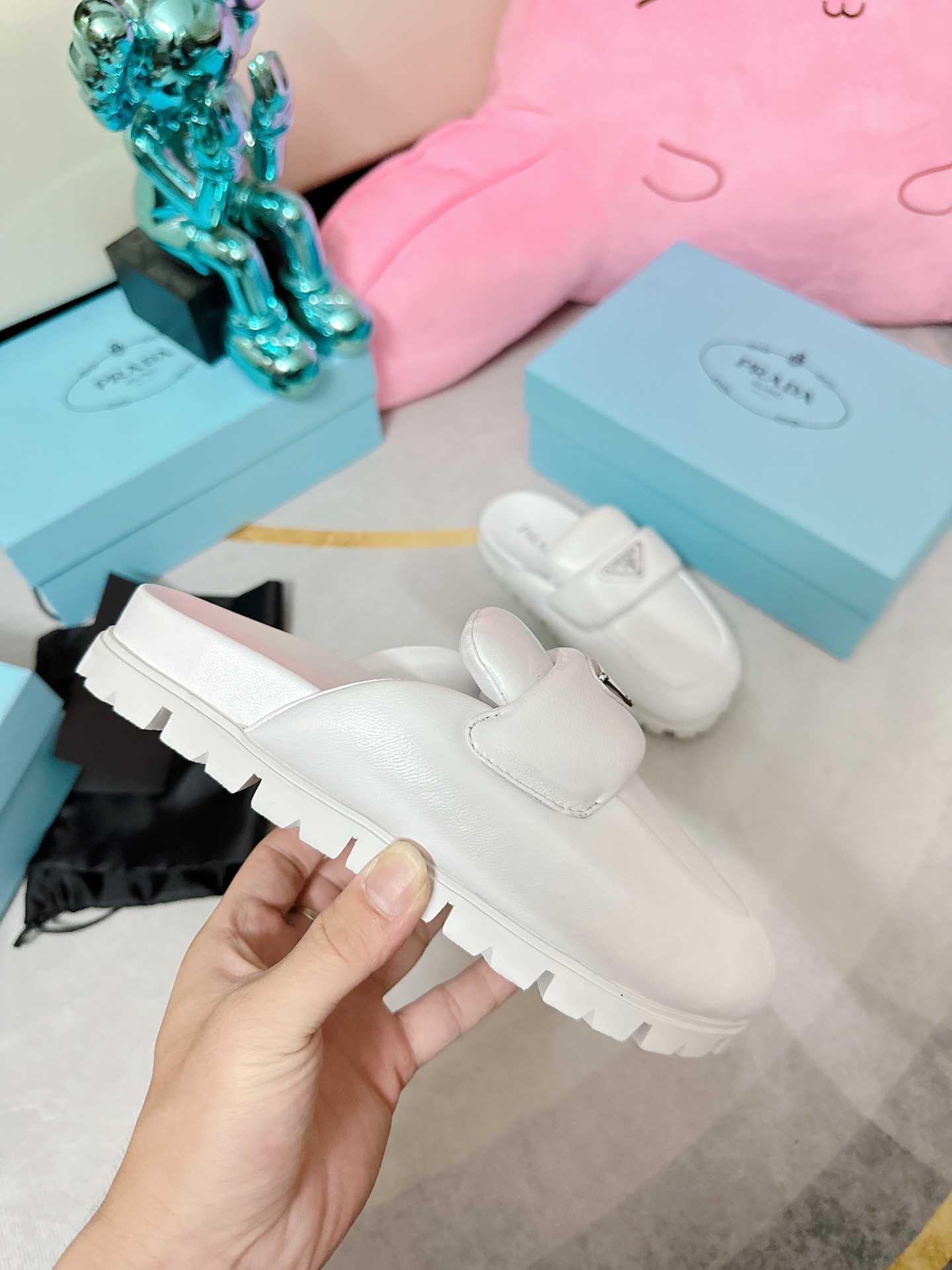 Pra*a Soft Padded Nappa Sabots White For Women 0.8 in/ 2cm