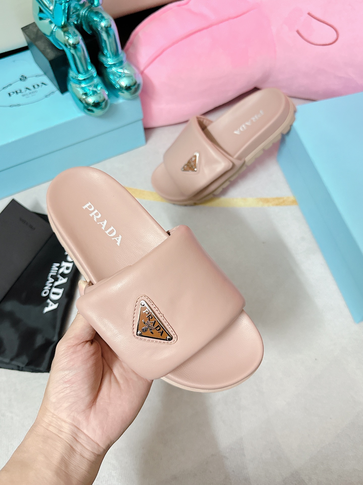 Pra*a Soft Padded Nappa Slides Light Pink For Women 0.8 in/ 2cm