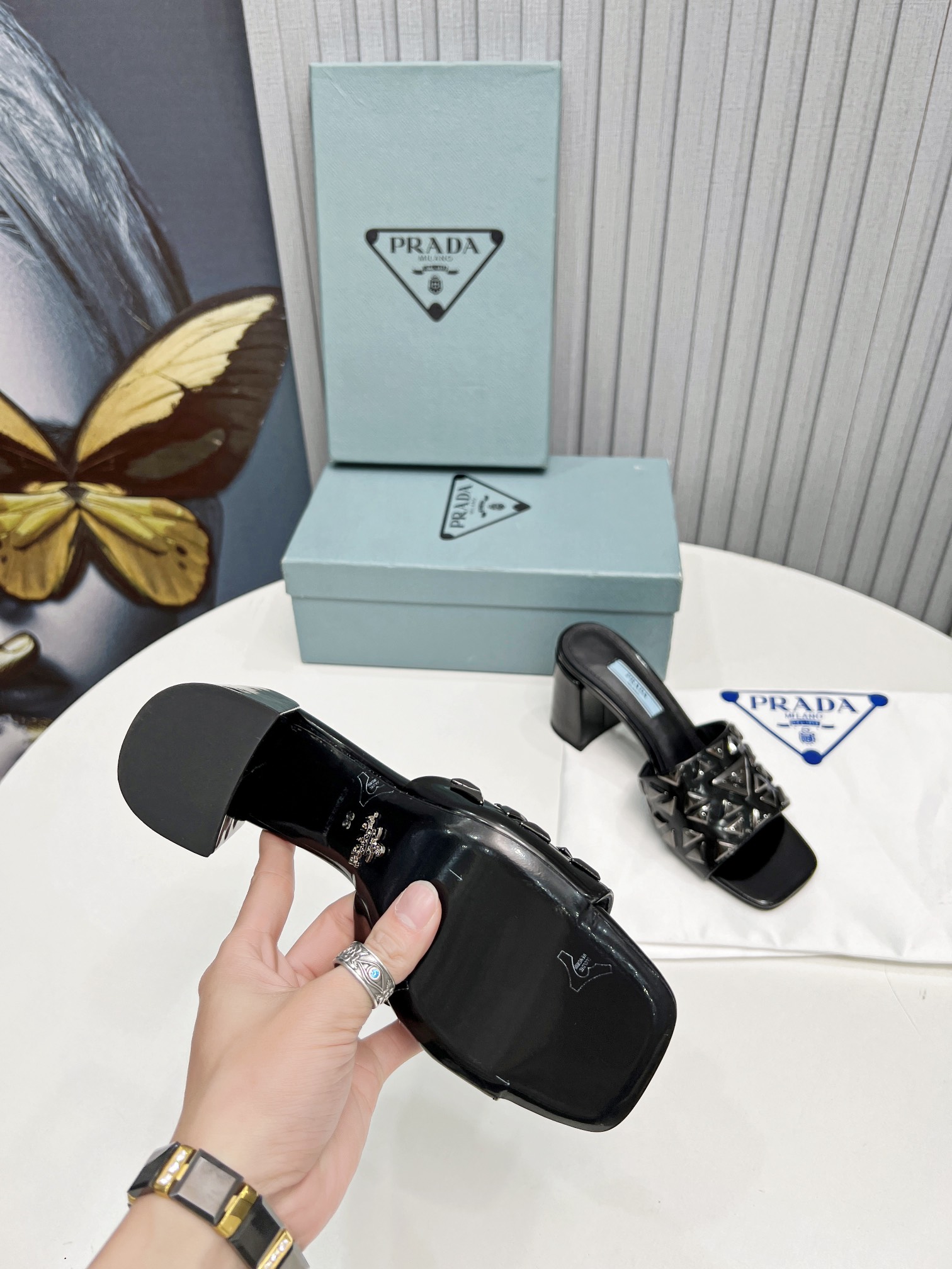 Pra*a Studded Metallic Mules Black For Women 2.6 in/ 6.5cm