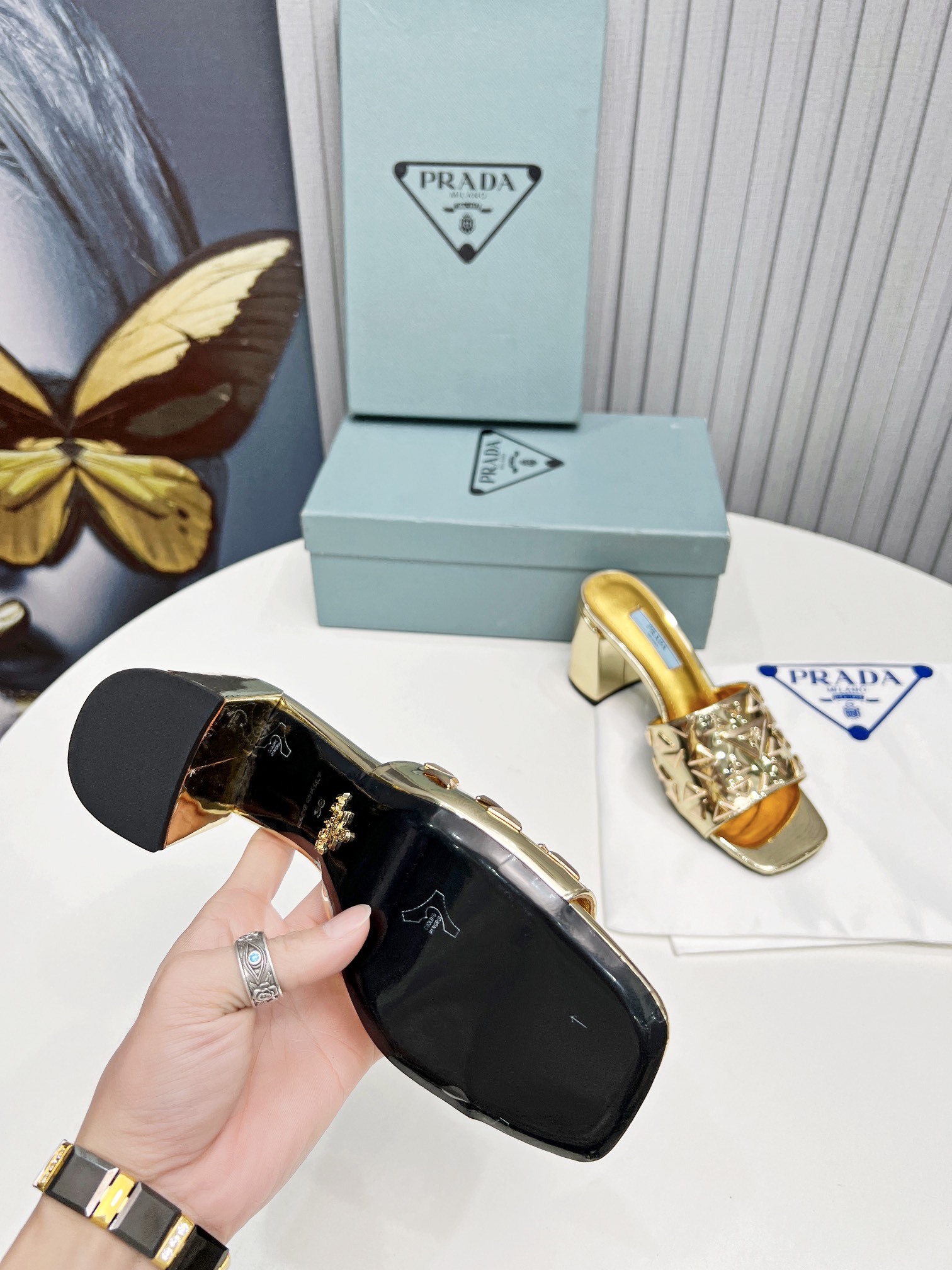 Pra*a Studded Metallic Mules Gold Tone For Women 2.6 in/ 6.5cm 1XX647_3LL5_F0522_F_065