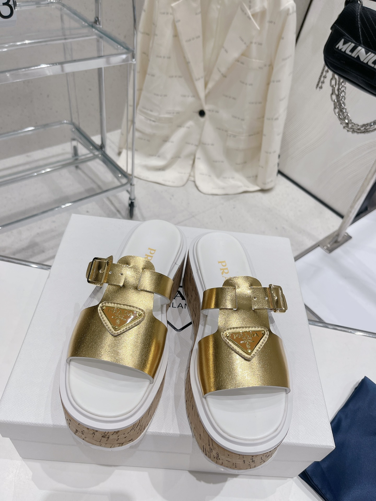 Pra*a Wedge Platform Sandals Gold Tone For Women 2.9 in/ 7.5 cm