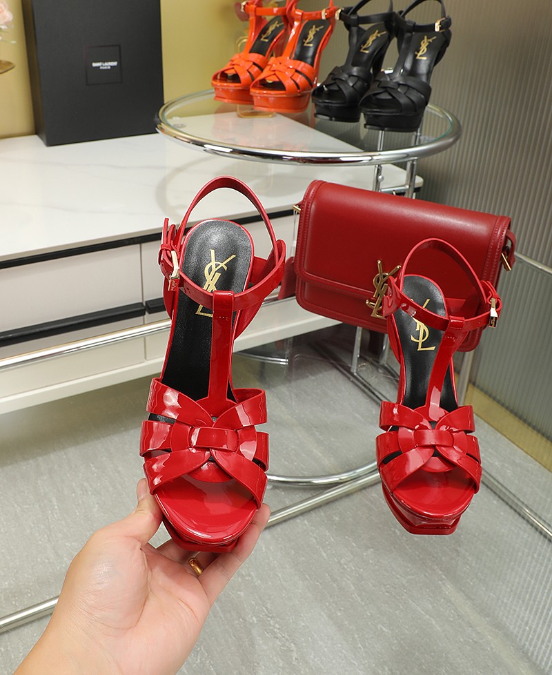 Sa1nt Lau*nt Tribute Platform Sandals In Patent Red For Women