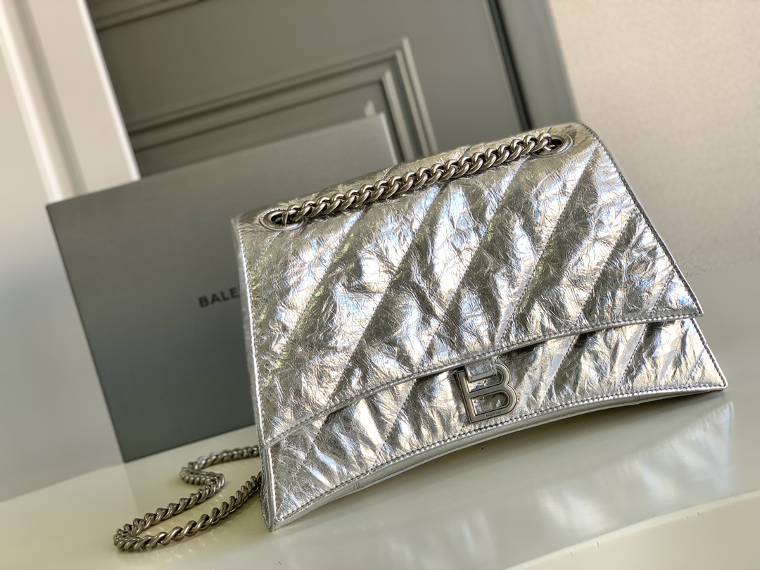 Ba1en*iaga Crush Medium Chain Bag Metallized Quilted In Sliver Tone For Women 12.2in/31cm 716351210IW8110