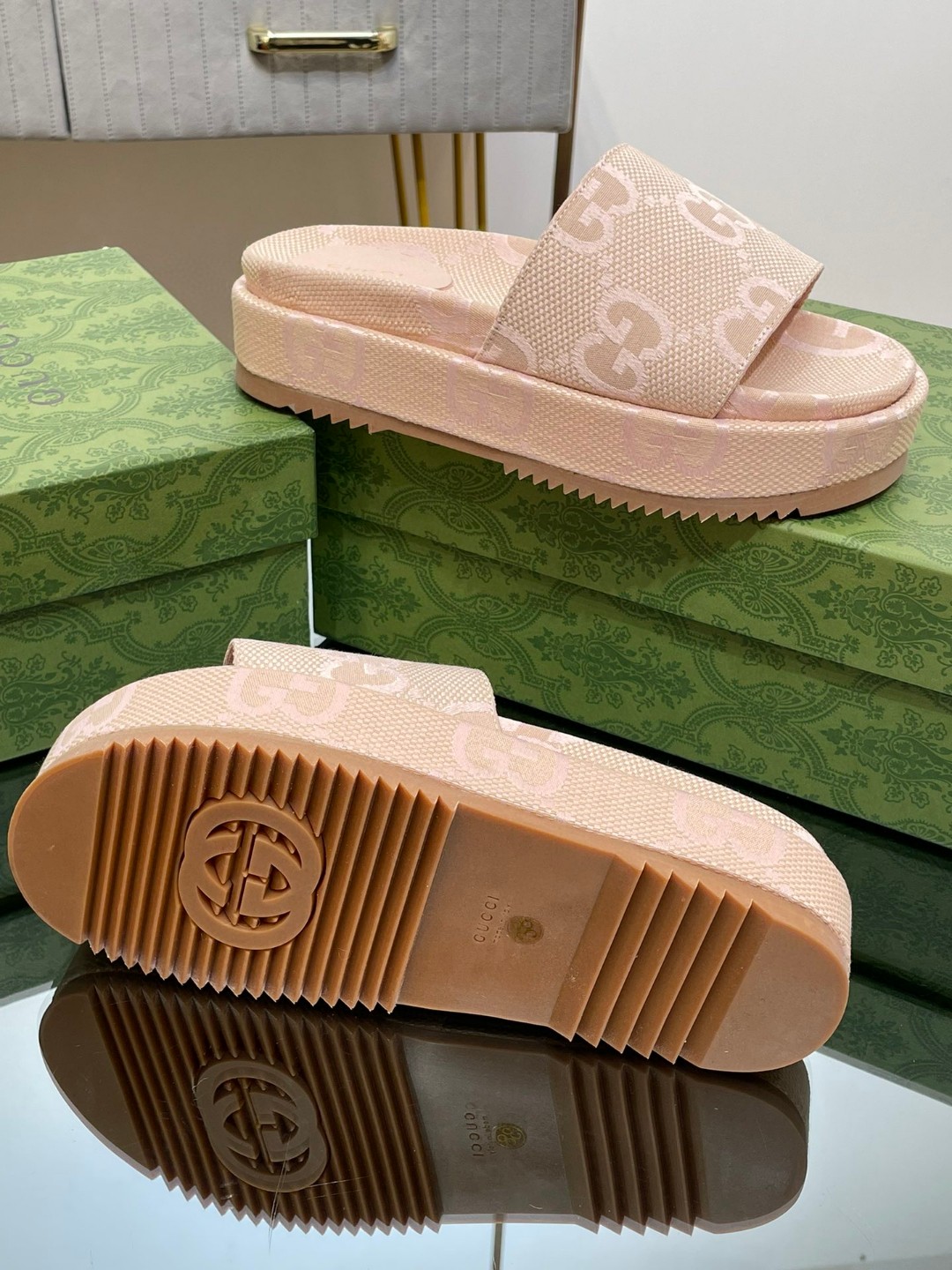 Gvc*1 Jumbo Gg Platform Slide Sandal Beige For Women 730043 UKO00 8805