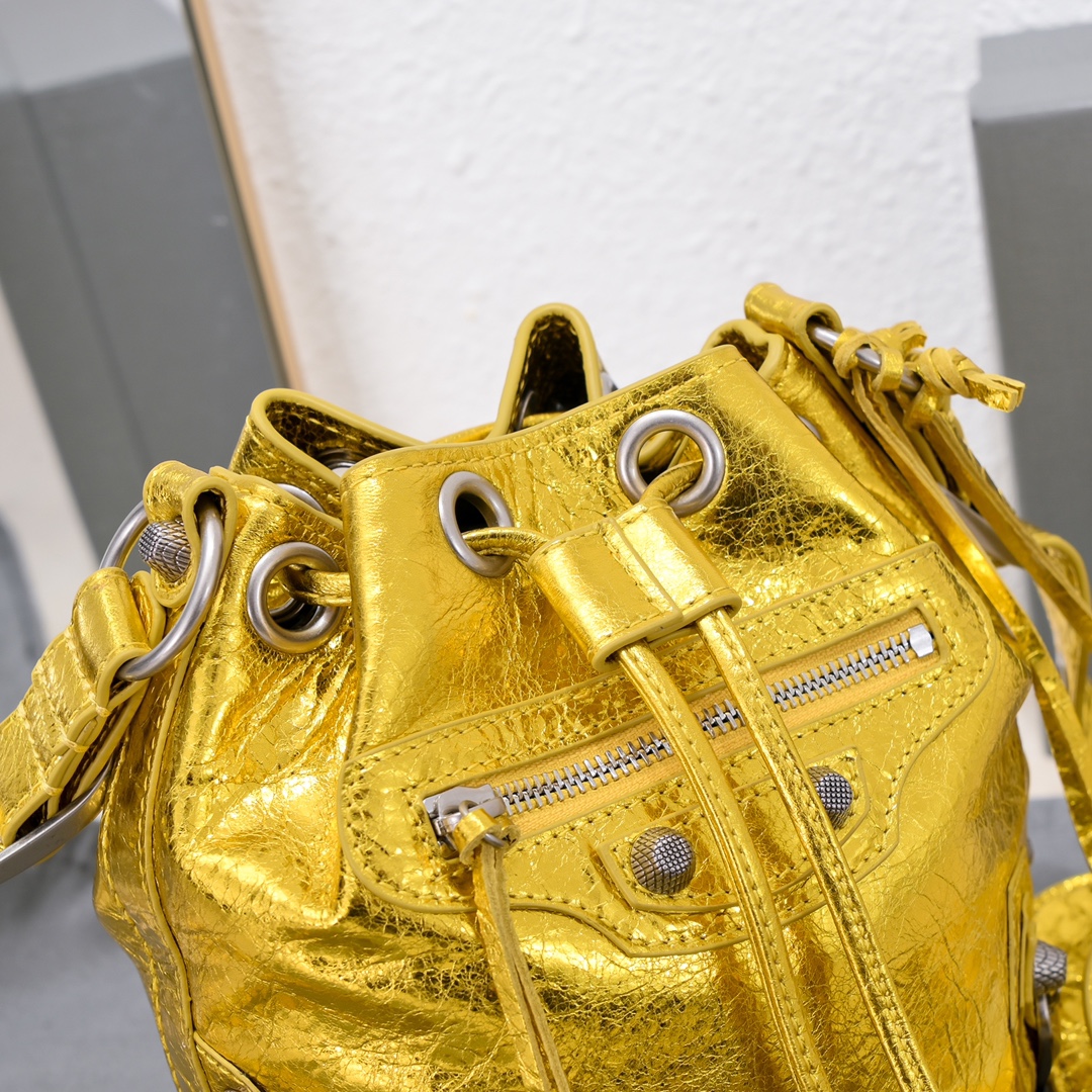 Ba1en*iaga Le Cagole Xs Bucket Bag Metallized With Rhinestones In Gold Tone/Sliver Tone/Grey For Women 7.8in/20 cm
