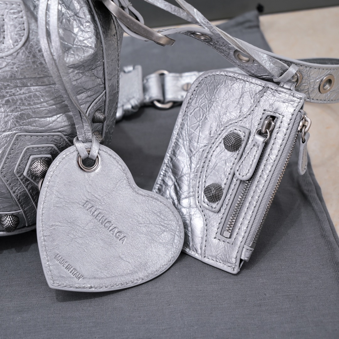 Ba1en*iaga Le Cagole Xs Bucket Bag Metallized With Rhinestones In Gold Tone/Sliver Tone/Grey For Women 7.8in/20 cm