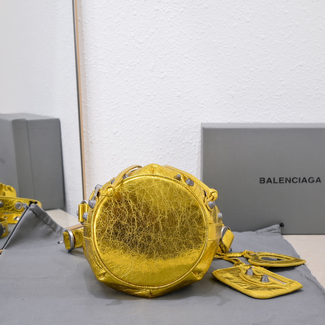 Ba1en*iaga Le Cagole Xs Bucket Bag Metallized With Rhinestones In Gold Tone/Sliver Tone/Grey For Women 7.8in/20 cm