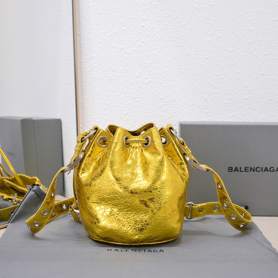 Ba1en*iaga Le Cagole Xs Bucket Bag Metallized With Rhinestones In Gold Tone/Sliver Tone/Grey For Women 7.8in/20 cm