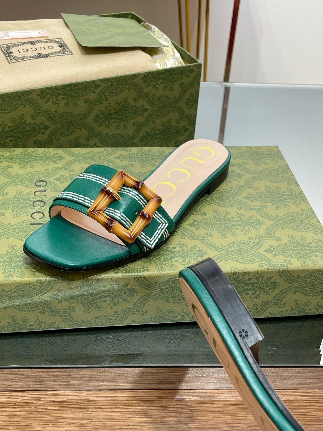 Gvc*1 Slide Sandal With Bamboo Buckle Green For Women 724837 C9D00 3120