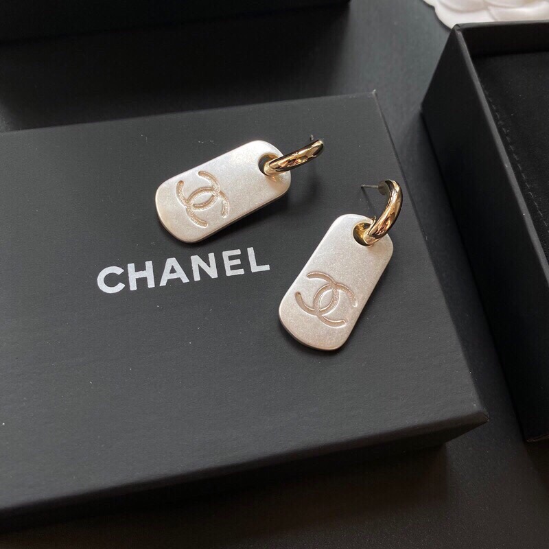 Ch**el Dangling Big Tag Earrings Gold Tone For Women
