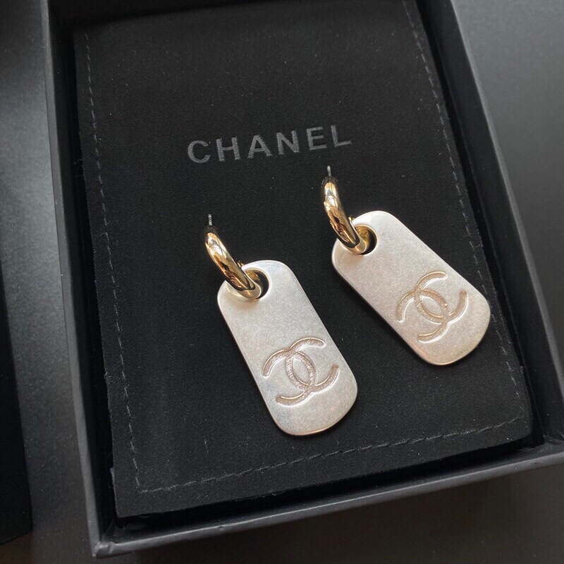 Ch**el Dangling Big Tag Earrings Gold Tone For Women