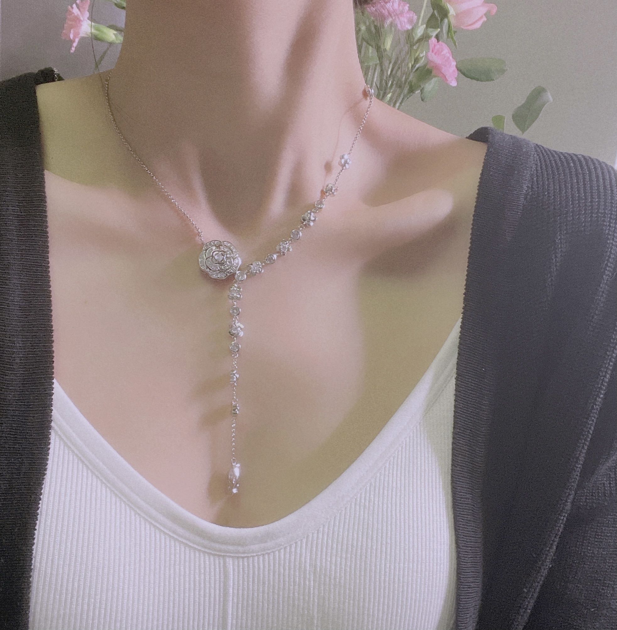 Ch**el Hollow Camellia Necklace Silver For Women