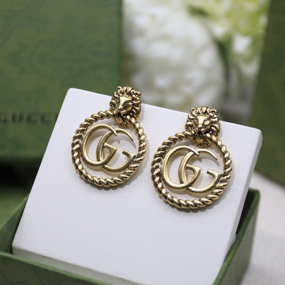 Gvc*1 Lion Head Earrings Gold Tone For Women