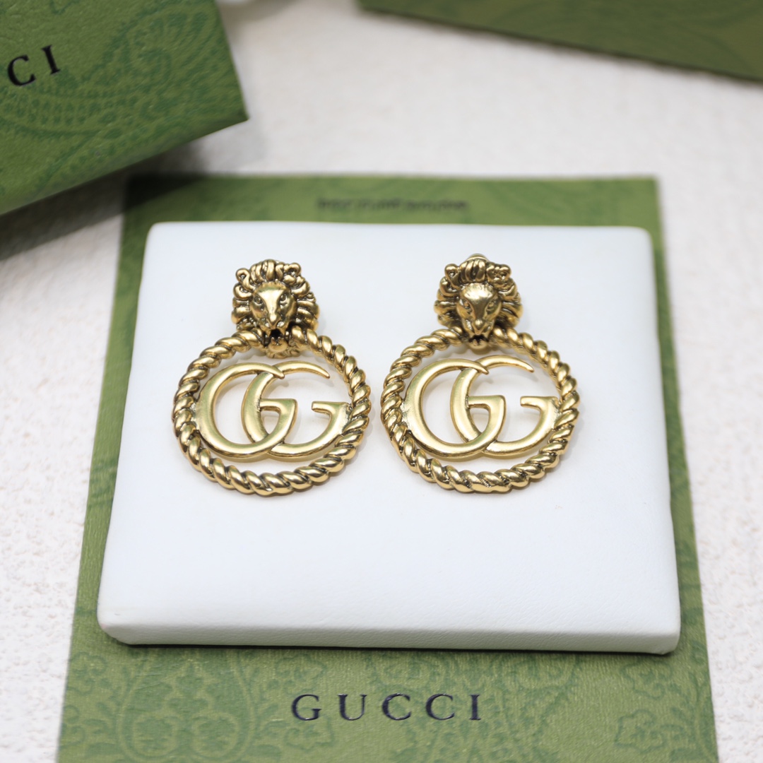 Gvc*1 Lion Head Earrings Gold Tone For Women