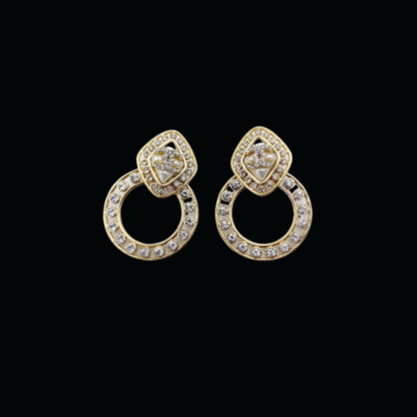 Ch**el Sparkling Stone Border Earrings Gold Tone For Women