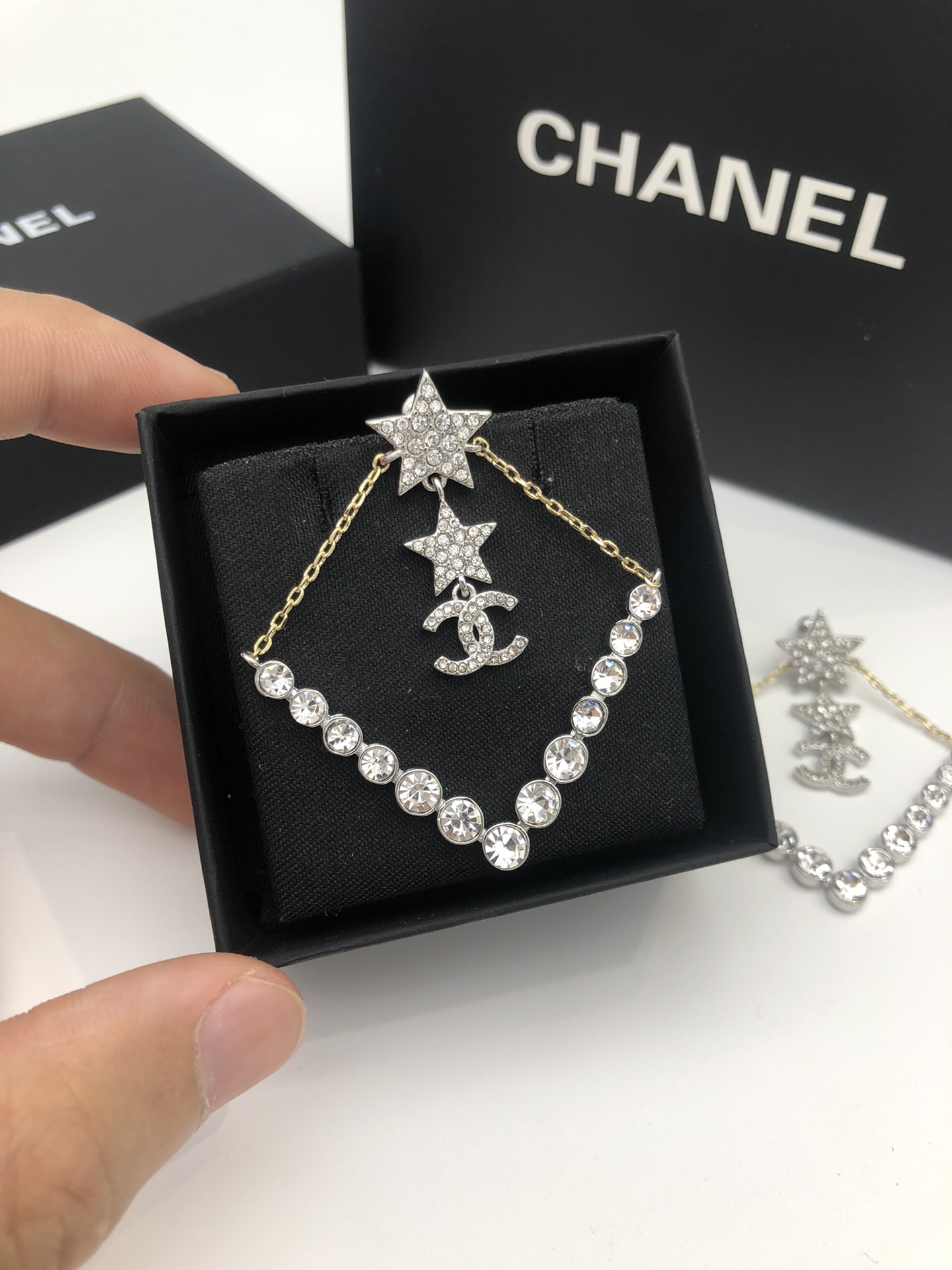 Ch**el Triangle Star Crystal Earrings Silver For Women