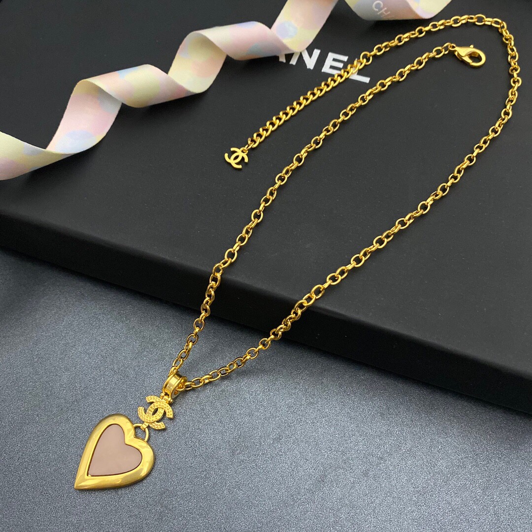 Ch**el Yellow Thick Border Heart Necklace Gold Tone For Women
