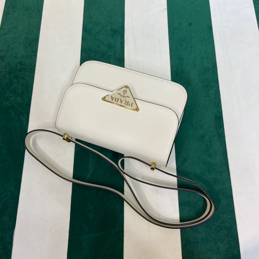 [True-to-ORIGINAL] Pra*a Emblème Saffiano Shoulder Bag In White For Women 8.6 in/22cm – 1BD320_2A4A_F0009_V_UTO