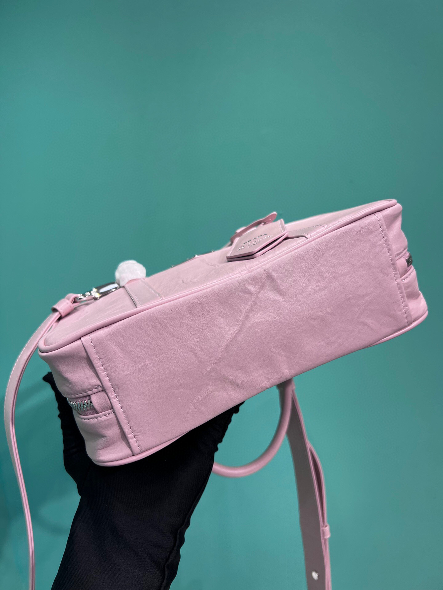 Pra*a Medium Antique Nappa Top Handle Bag In Green/Pink For Women 9.5 in/ 24cm 1BB092_UVL_F0092_V_T2O