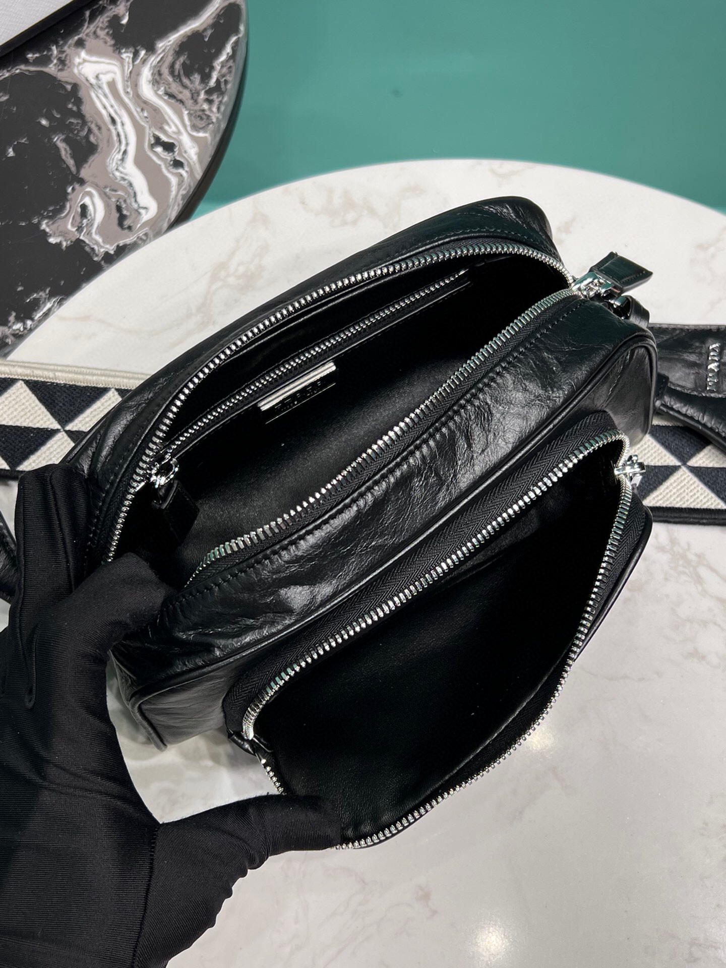 Pra*a Nappa Antique Multi-Pocket Shoulder Bag In Grey/Black/Pink For Women 8.6 in/ 22cm 1BH198_UVL_F0480_V_4OO