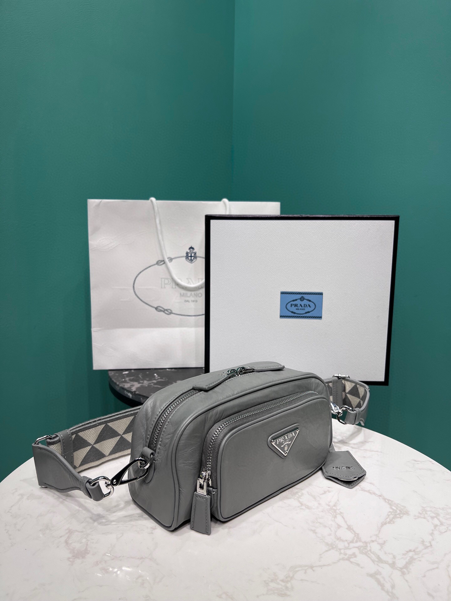 Pra*a Nappa Antique Multi-Pocket Shoulder Bag In Grey/Black/Pink For Women 8.6 in/ 22cm 1BH198_UVL_F0480_V_4OO