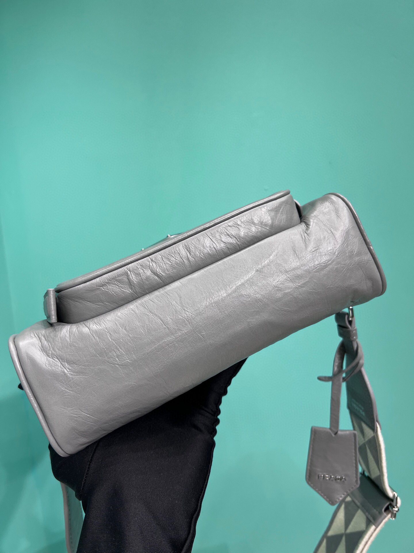 Pra*a Nappa Antique Multi-Pocket Shoulder Bag In Grey/Black/Pink For Women 8.6 in/ 22cm 1BH198_UVL_F0480_V_4OO