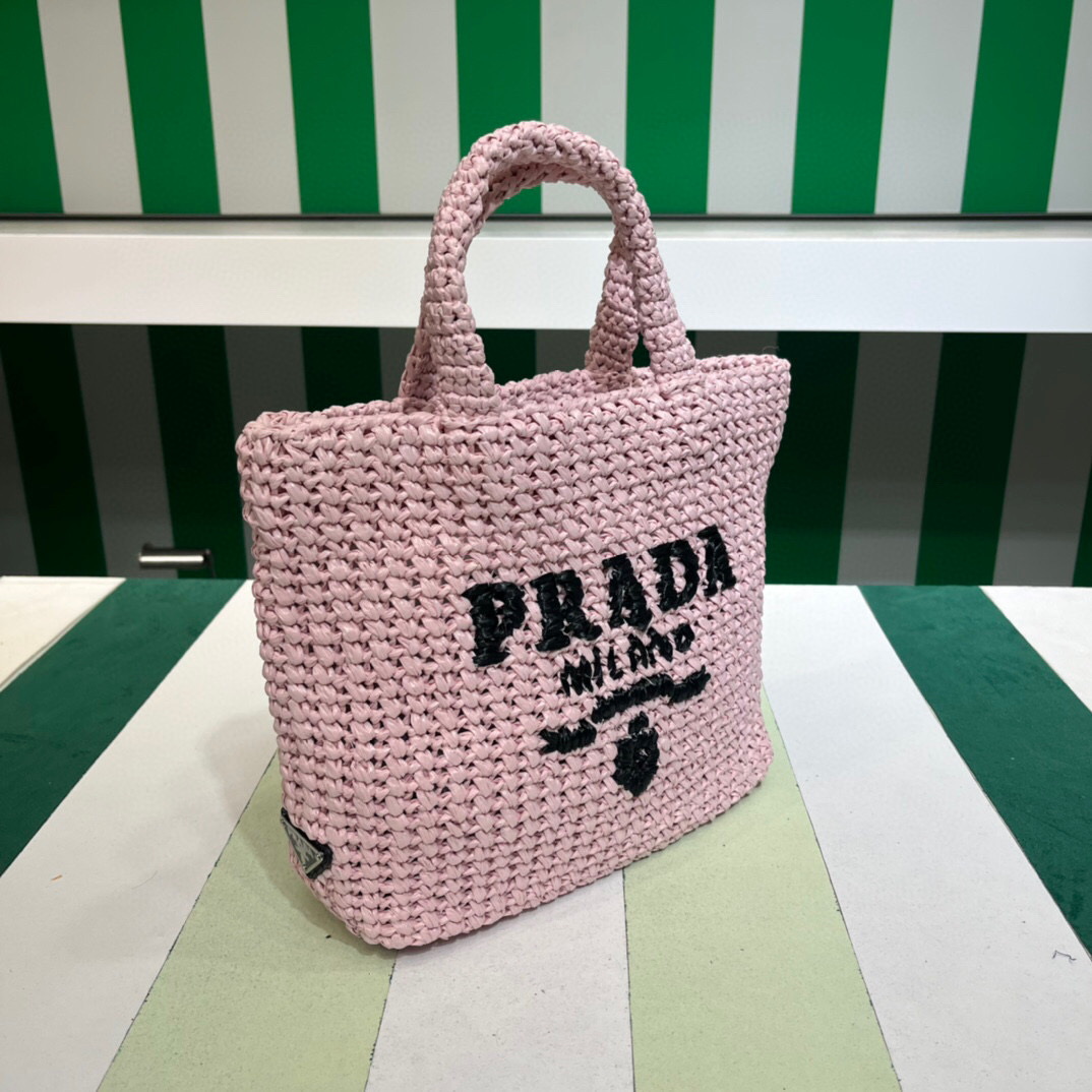 [True-to-ORIGINAL] Pra*a Small Raffia Tote Bag In Pink For Women 9.4 in/24cm 1BG422_2A2T_F0E18_V_OOL