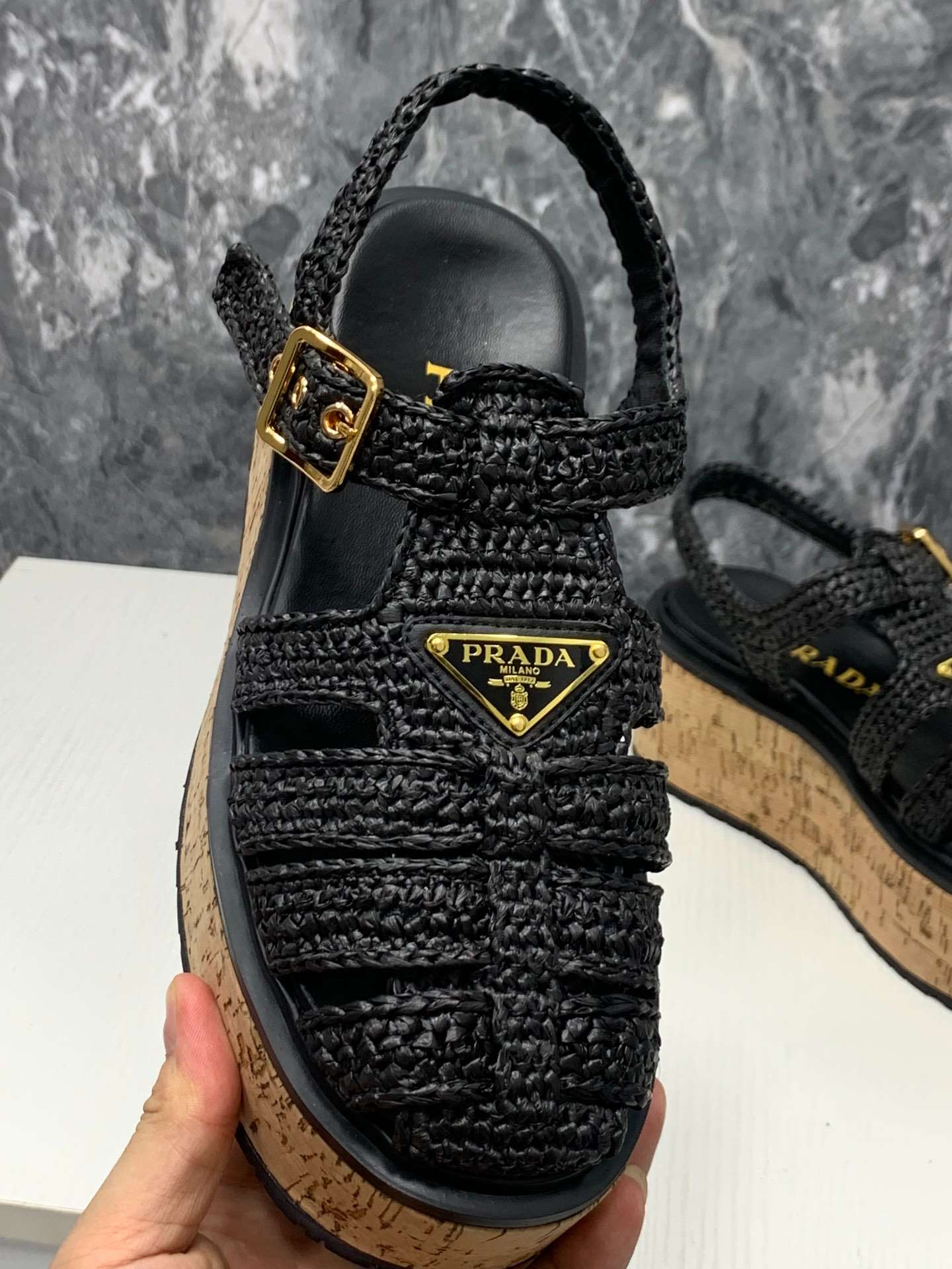 Pra*a Crochet Wedge Sandals Black For Women