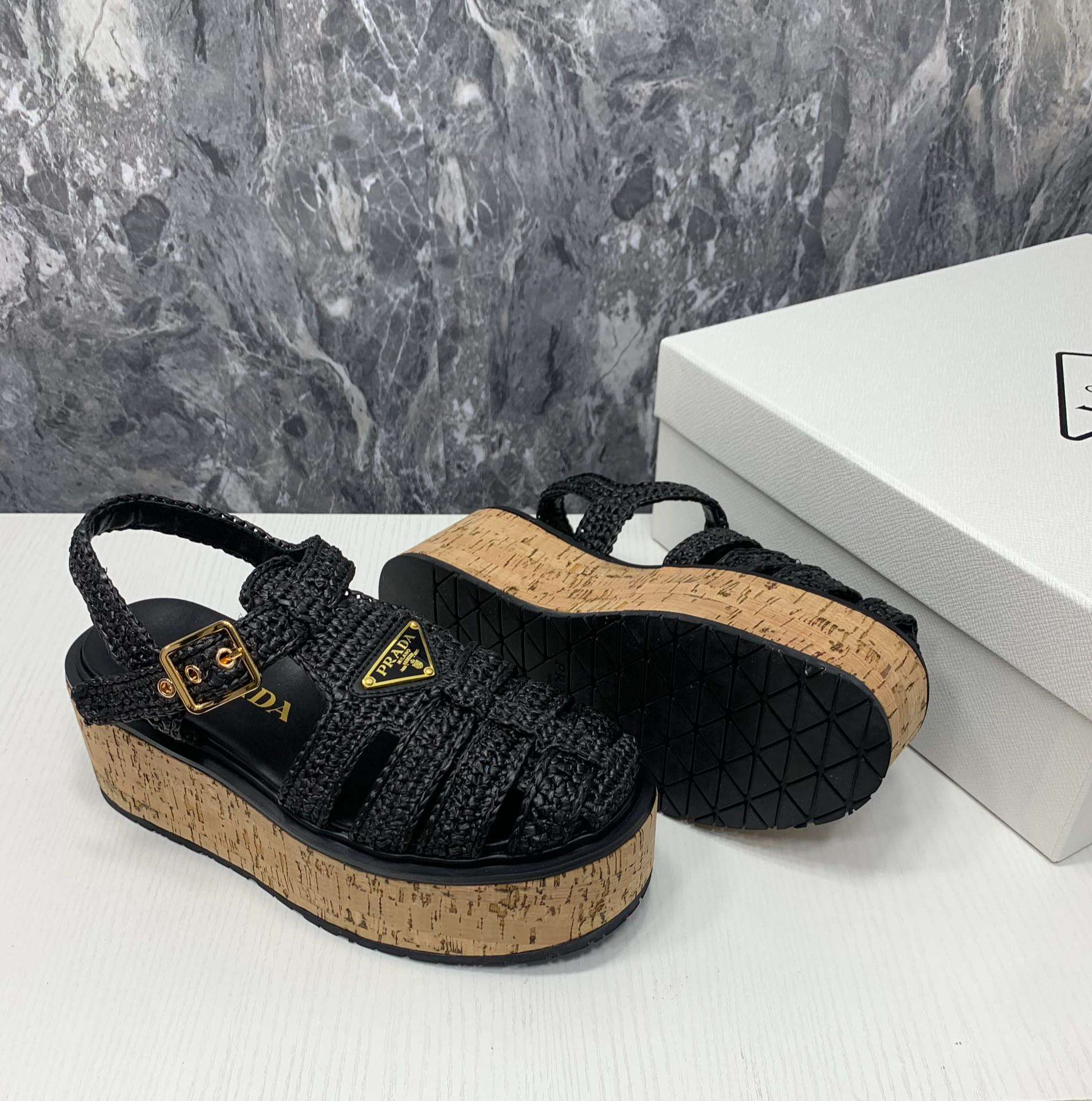 Pra*a Crochet Wedge Sandals Black For Women