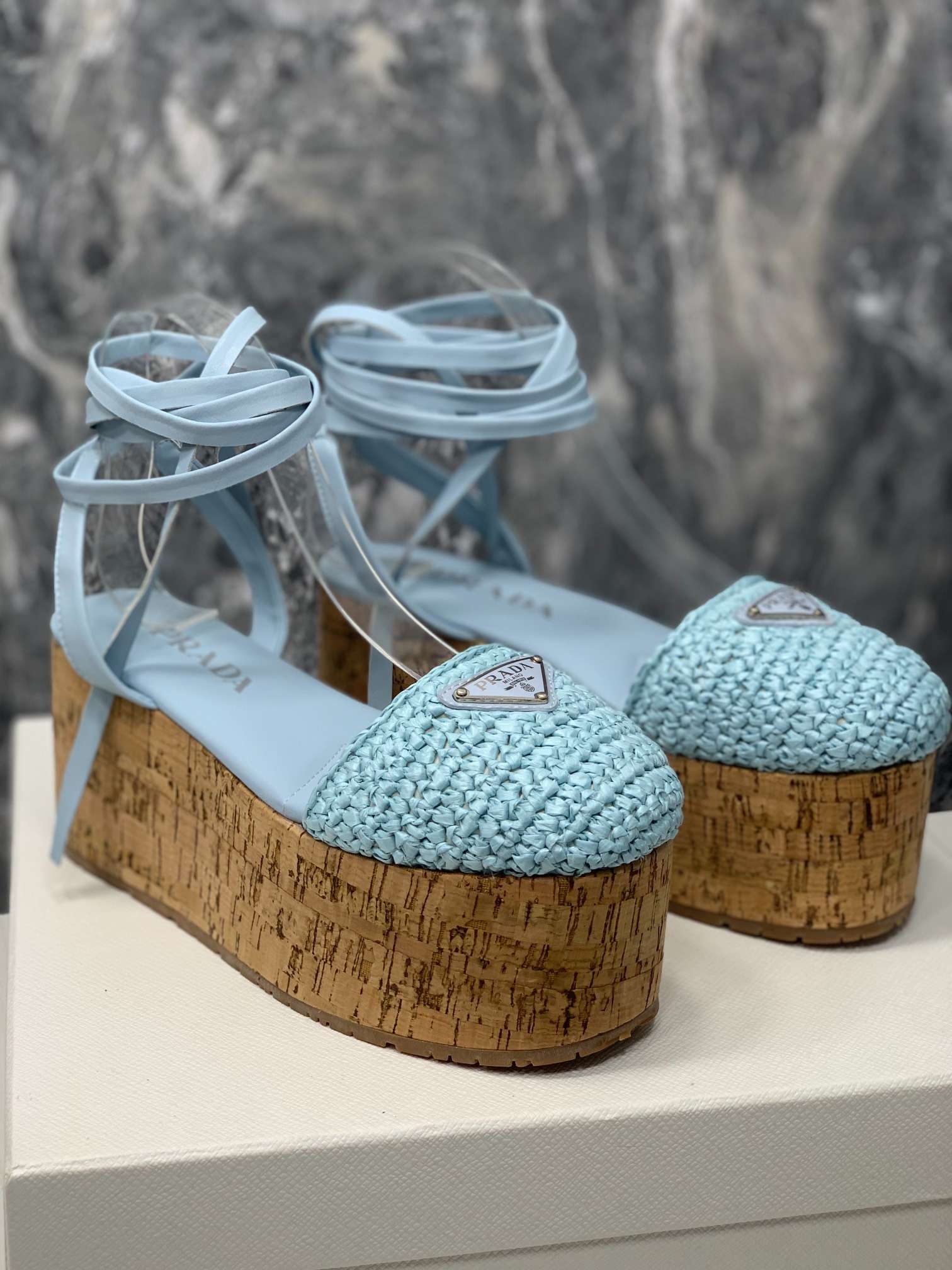 Pra*a Crochet Wedge Sandals Light Blue For Women
