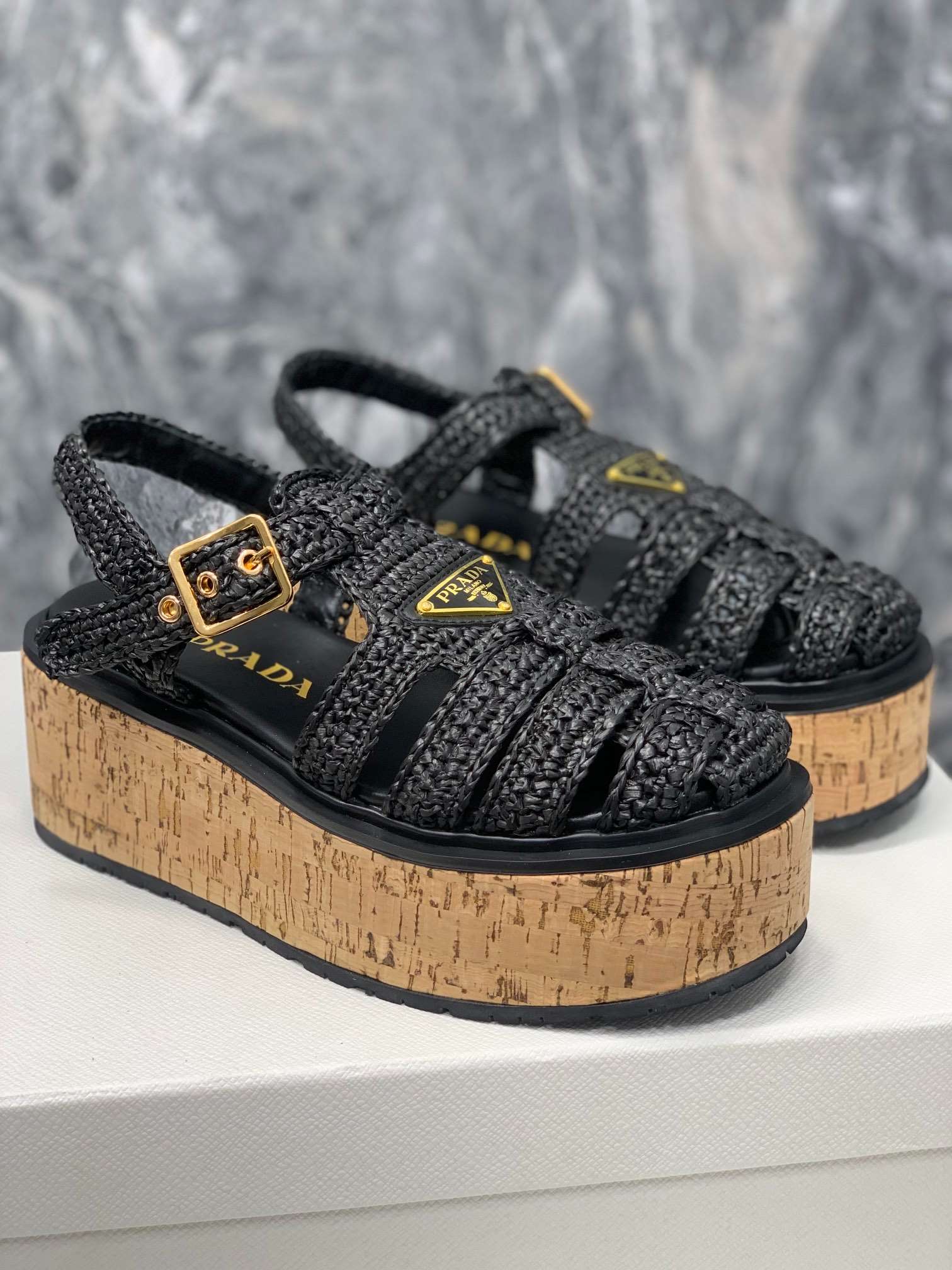 Pra*a Crochet Wedge Sandals Black For Women