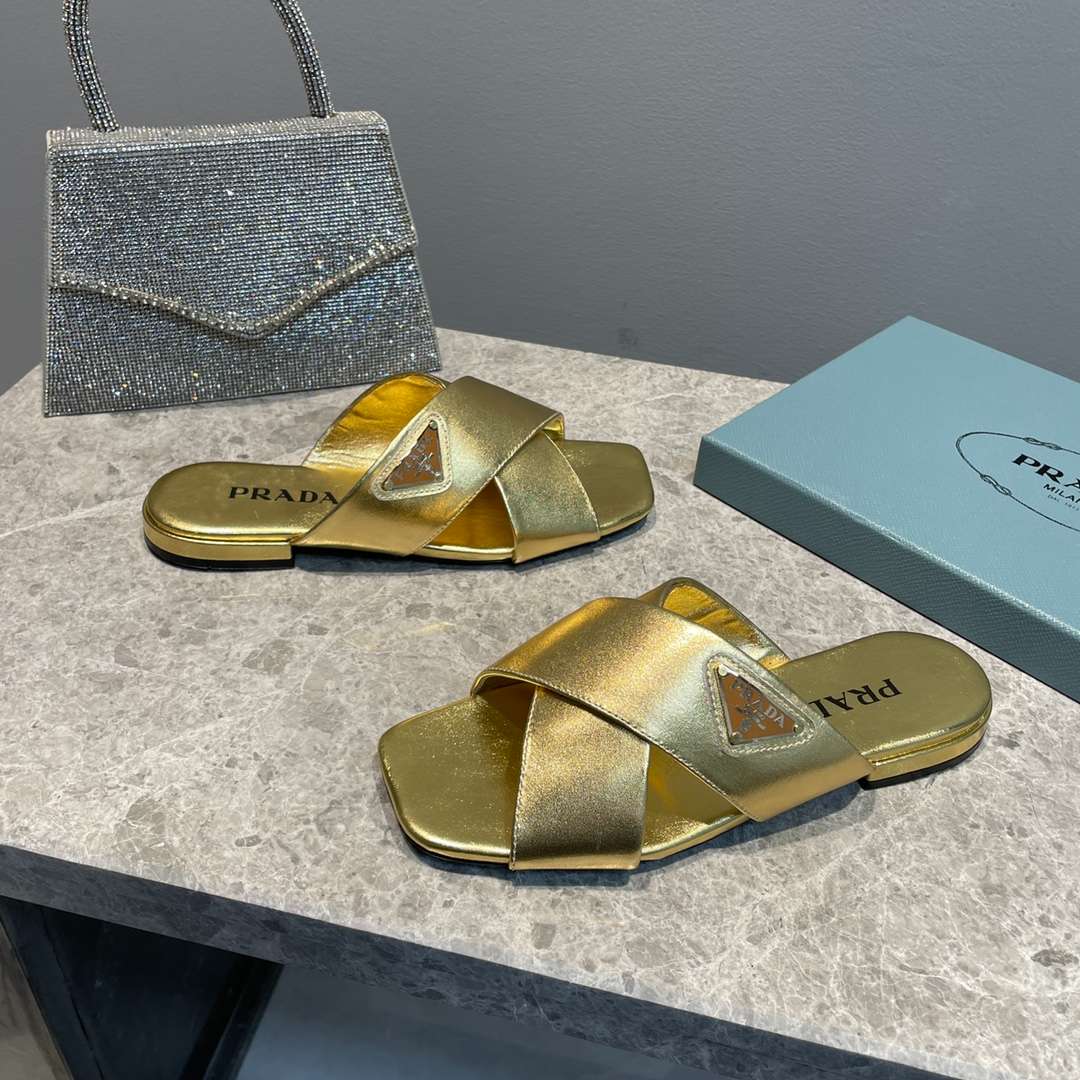 Pra*a Cross Straps Slides Gold For Women