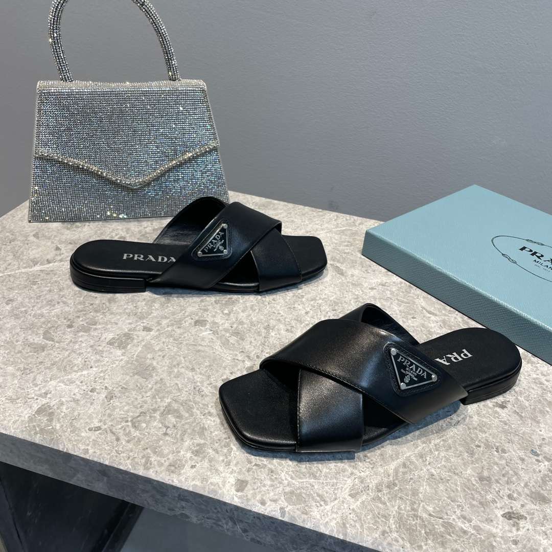 Pra*a Cross Straps Slides Black For Women