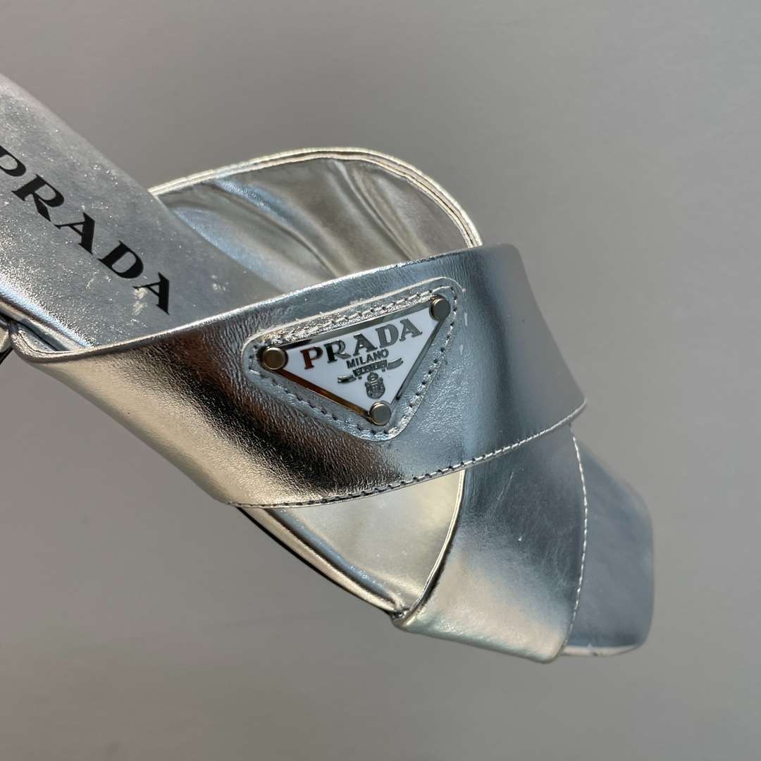 Pra*a Cross Straps Slides Silver For Women