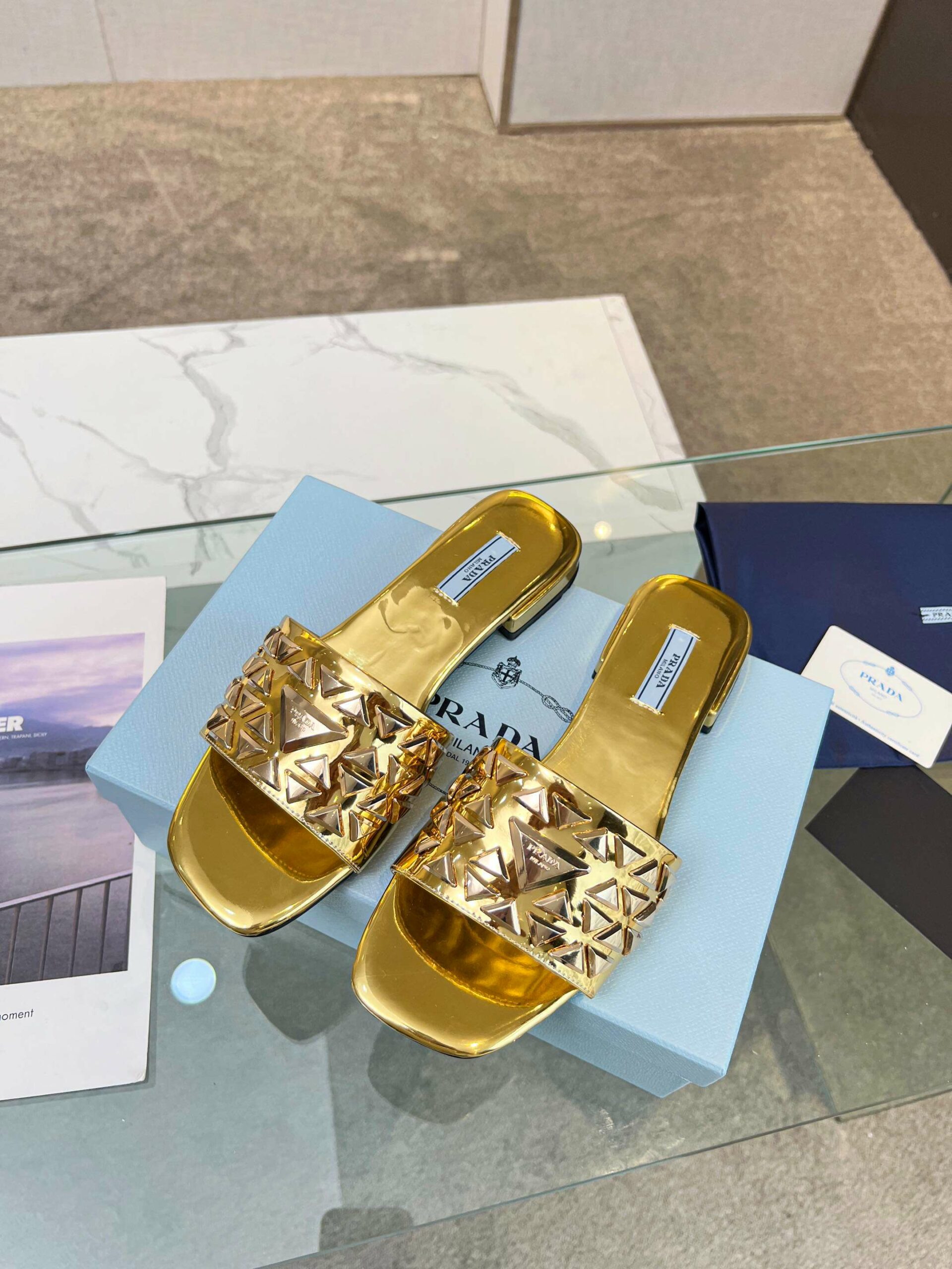Pra*a Nappa Slides Gold For Women