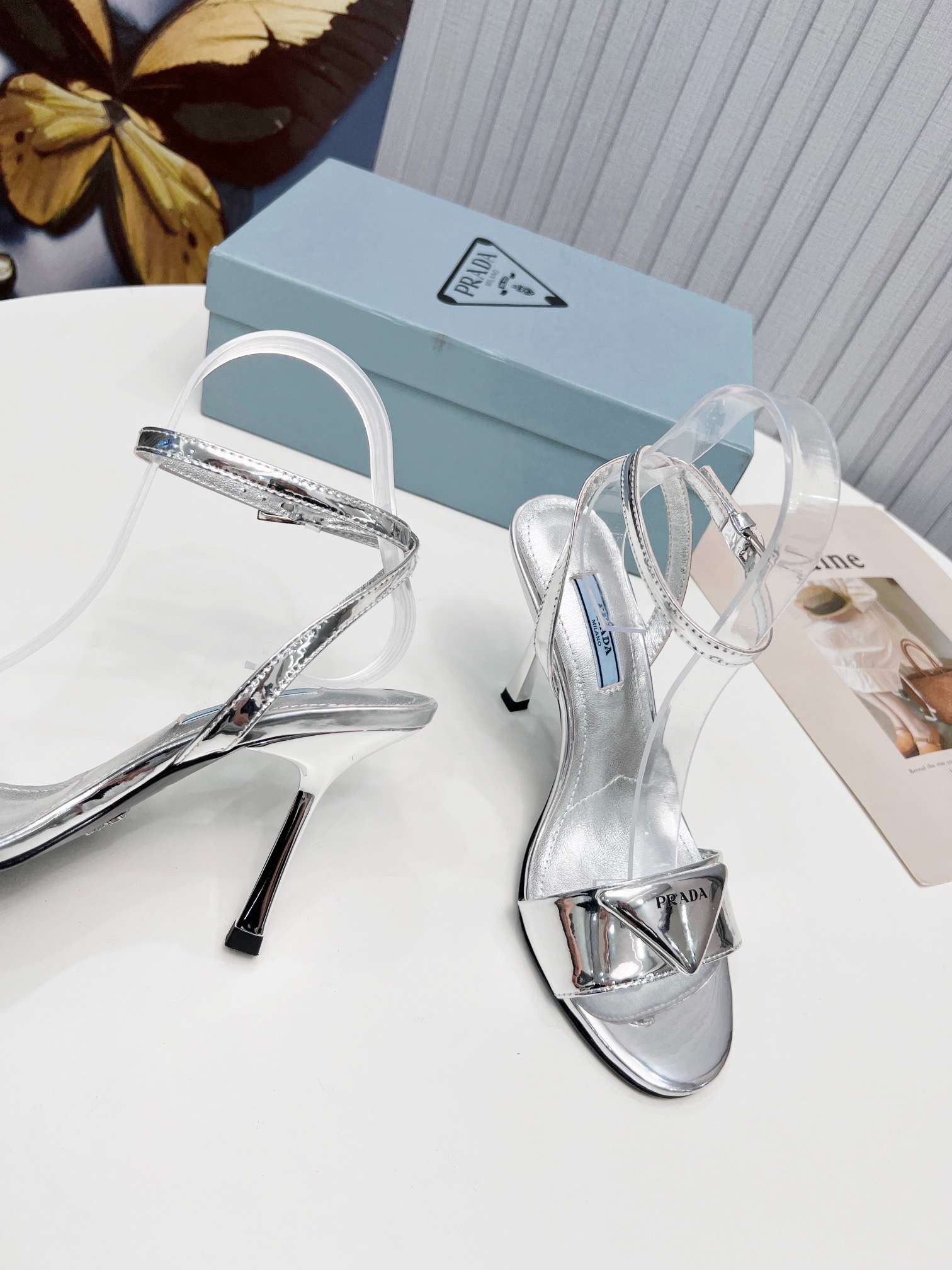 Pra*a Square Toe Pointed Pumps Silver For Women