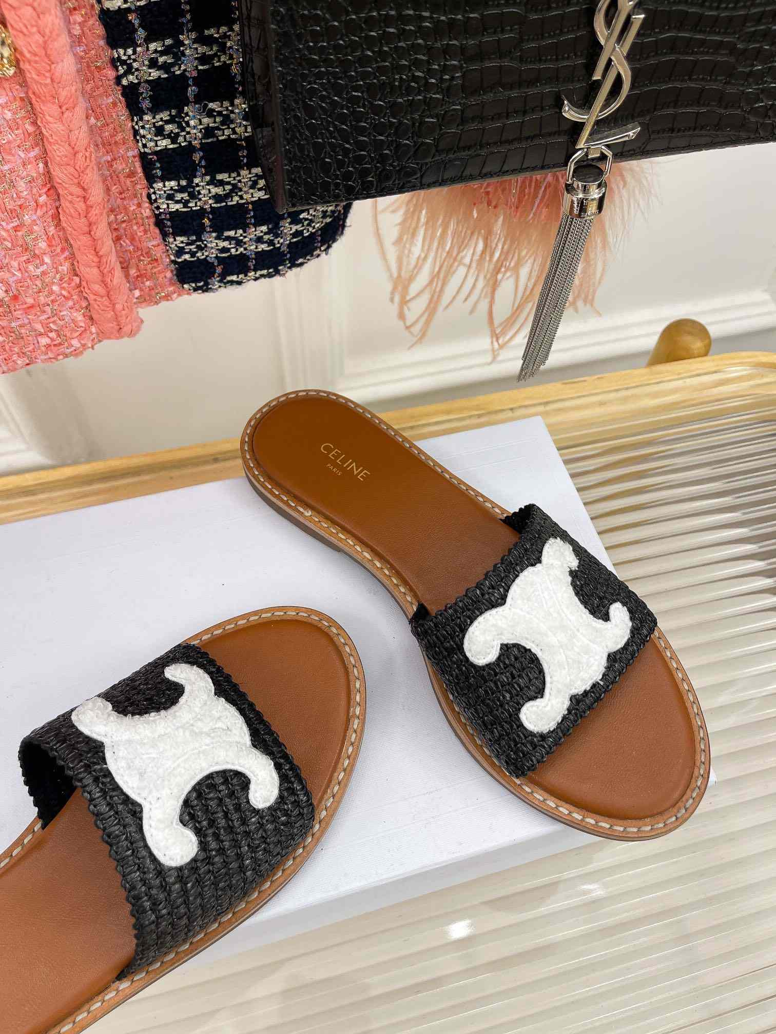 Ce1i*e Lympia Flat In Raffia Black For Women