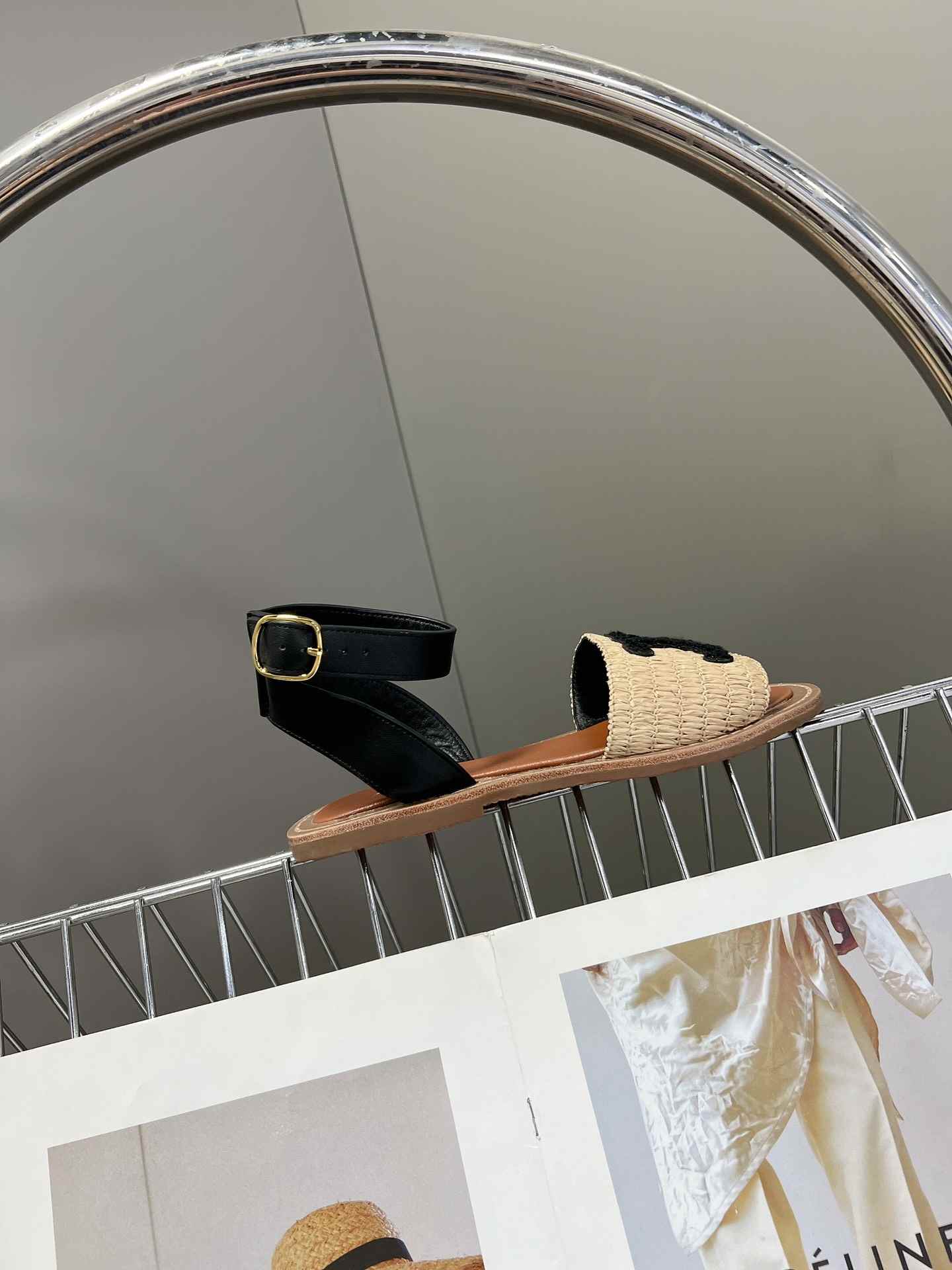 Ce1i*e Lympia Flat Strap Sandal In Raffia Black For Women 352402248C.02BL