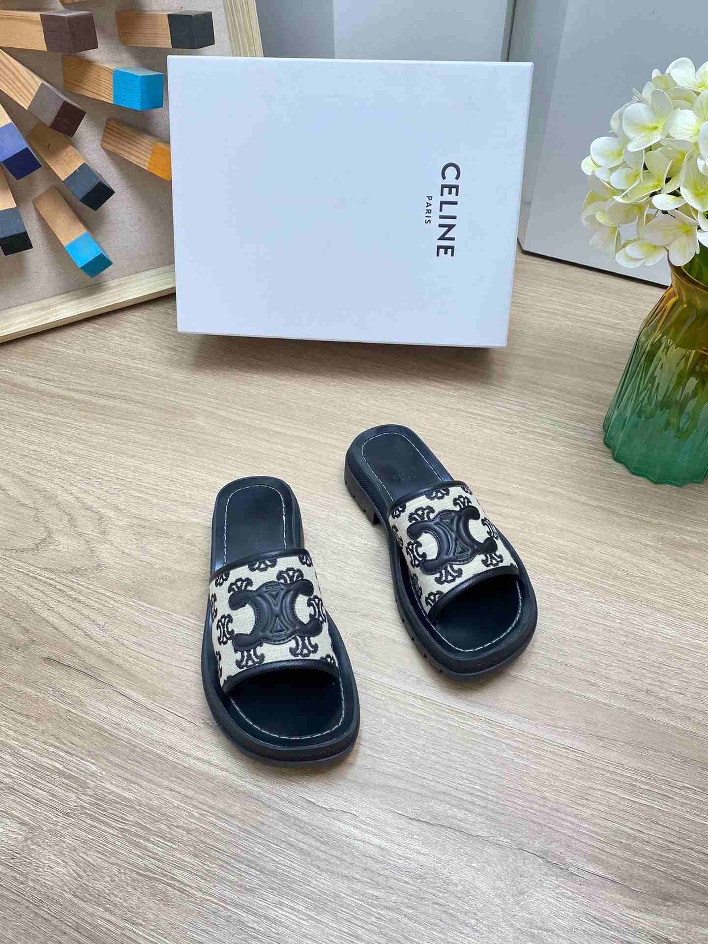 Ce1i*e Triomphe Slide In Triomphe Stamped Canvas Black For Women