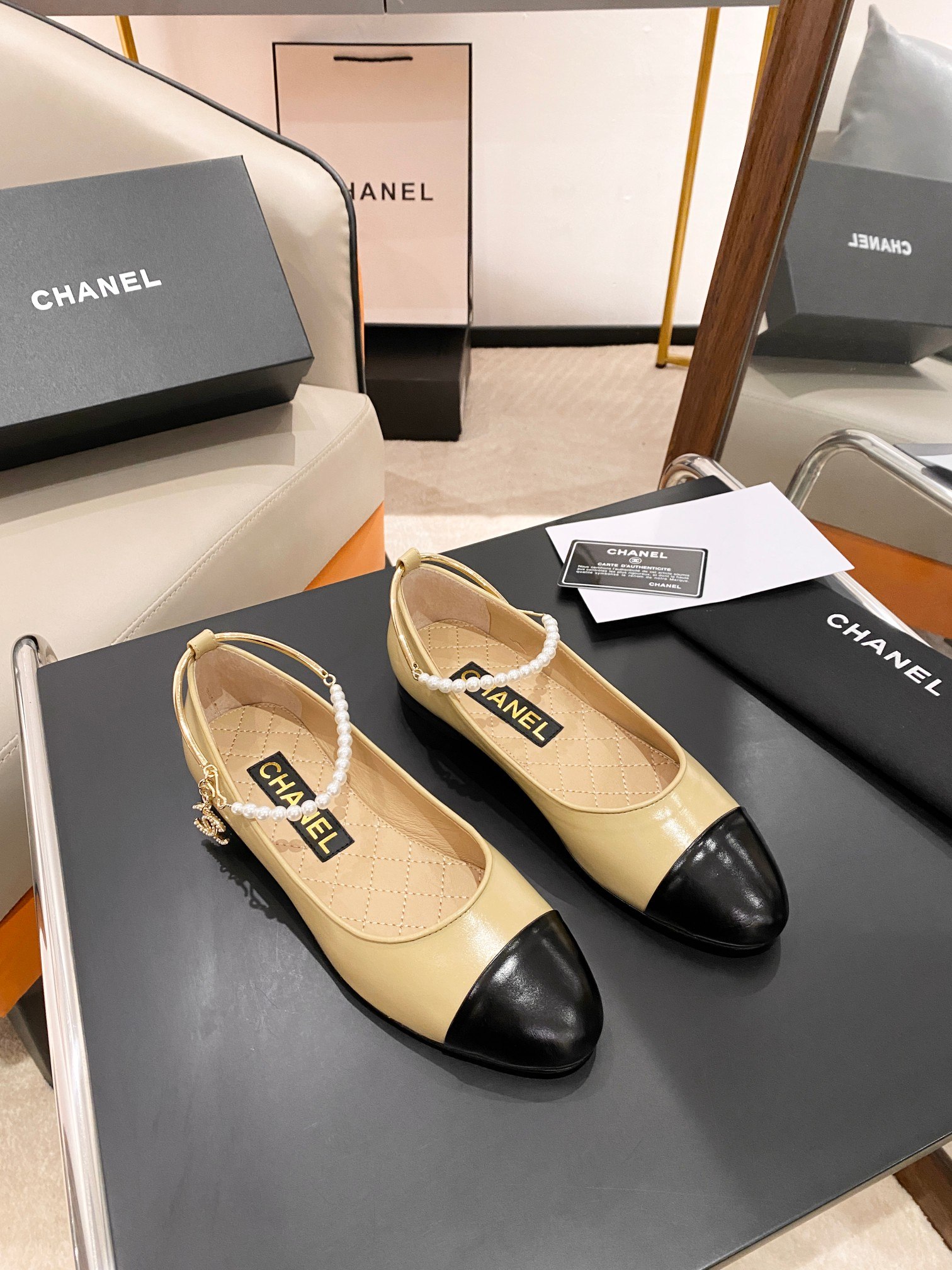 Ch**el Ballerina Logo Shoes Beige For Women